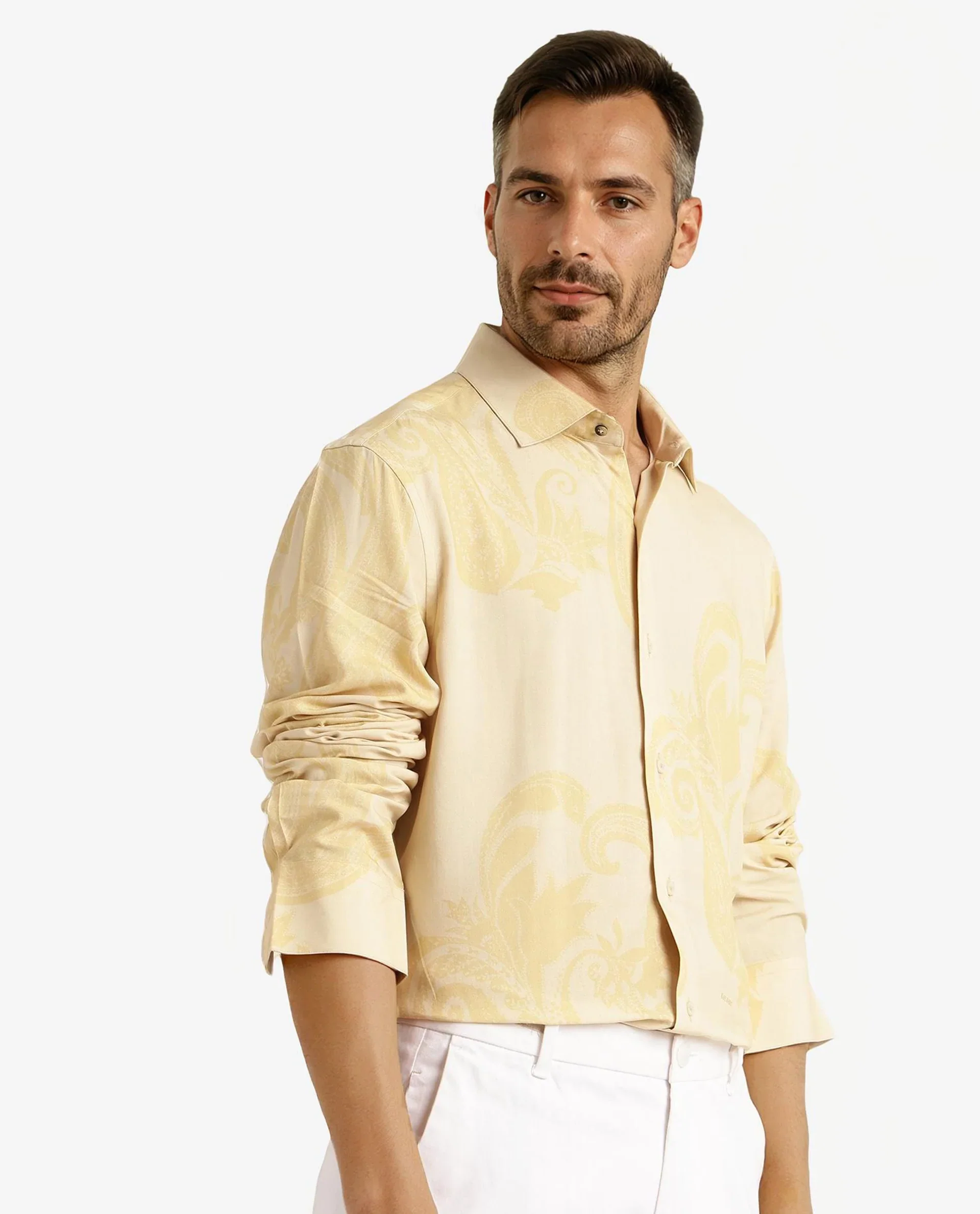 Rare Rabbit Men's Koigi Dusky Yellow Viscose Paisley Print Regular Fit Full Sleeve Collared Shirt - Image 6