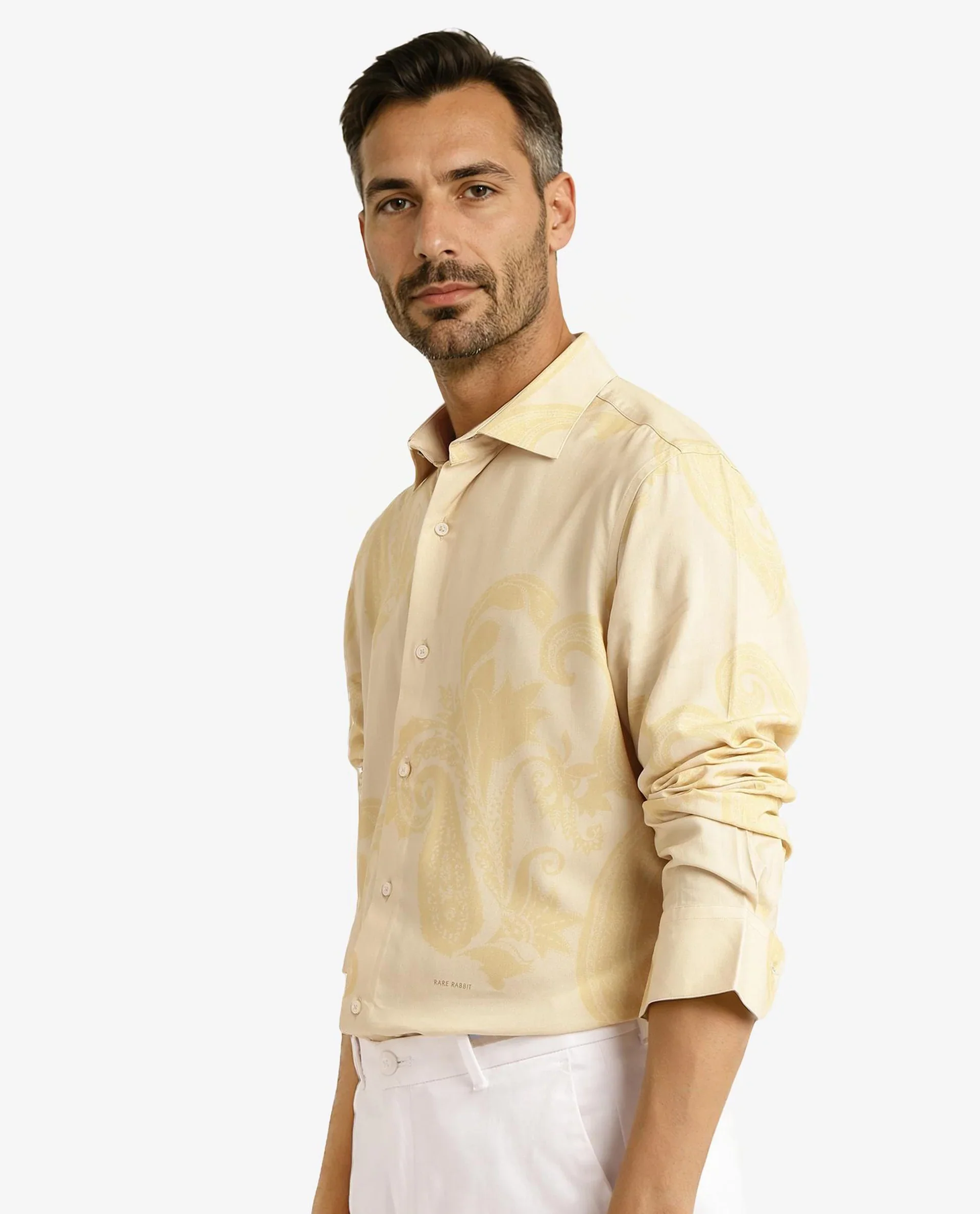 Rare Rabbit Men's Koigi Dusky Yellow Viscose Paisley Print Regular Fit Full Sleeve Collared Shirt - Image 7