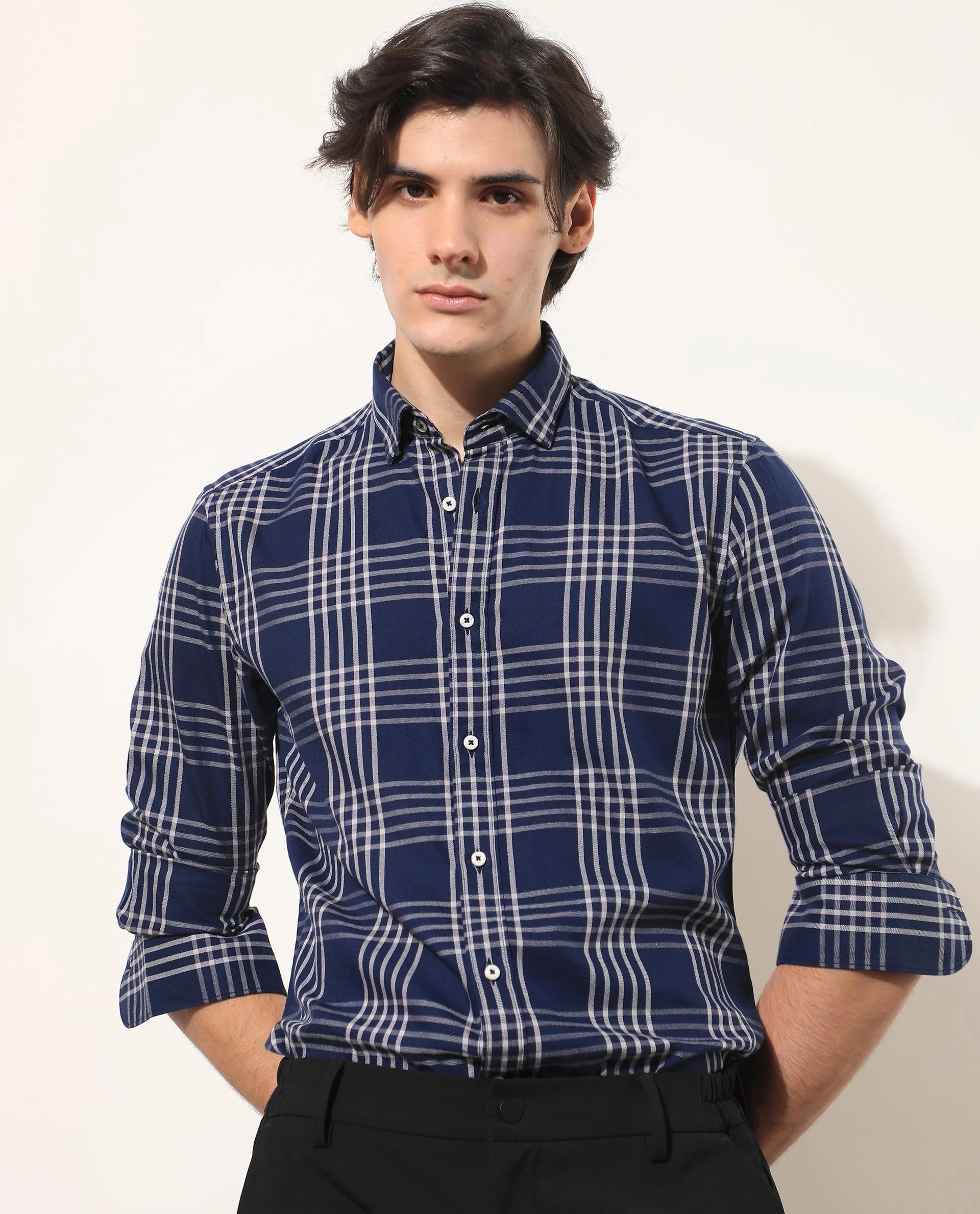 Rare Rabbit Men's Kolind Dark Blue Cotton Checked Print Regular Fit Full Sleeve Spread Collar Shirt - Image 2