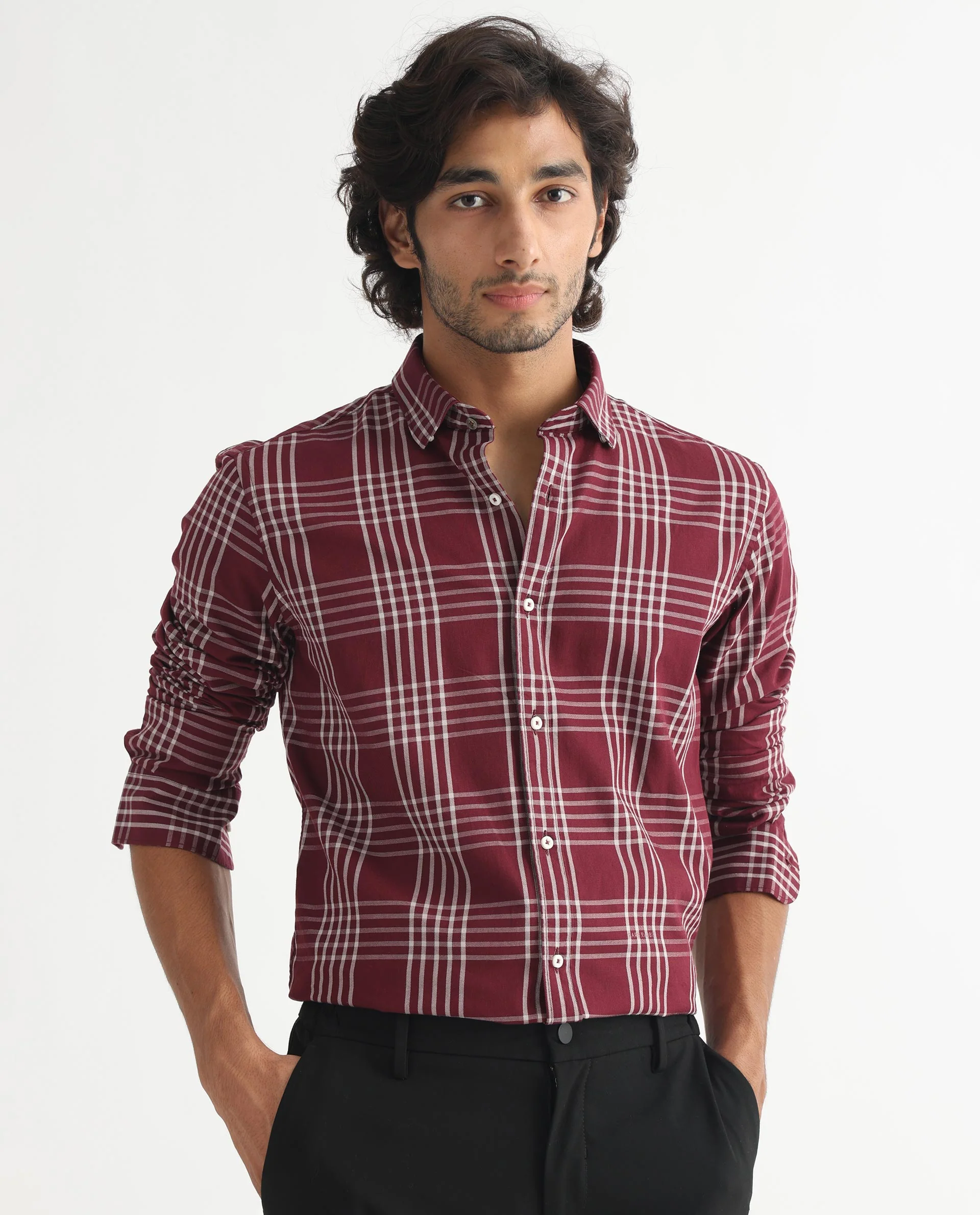 Rare Rabbit Men's Kolind Dark Maroon Checked Print Regular Fit Full Sleeve Collared Shirt - Image 4