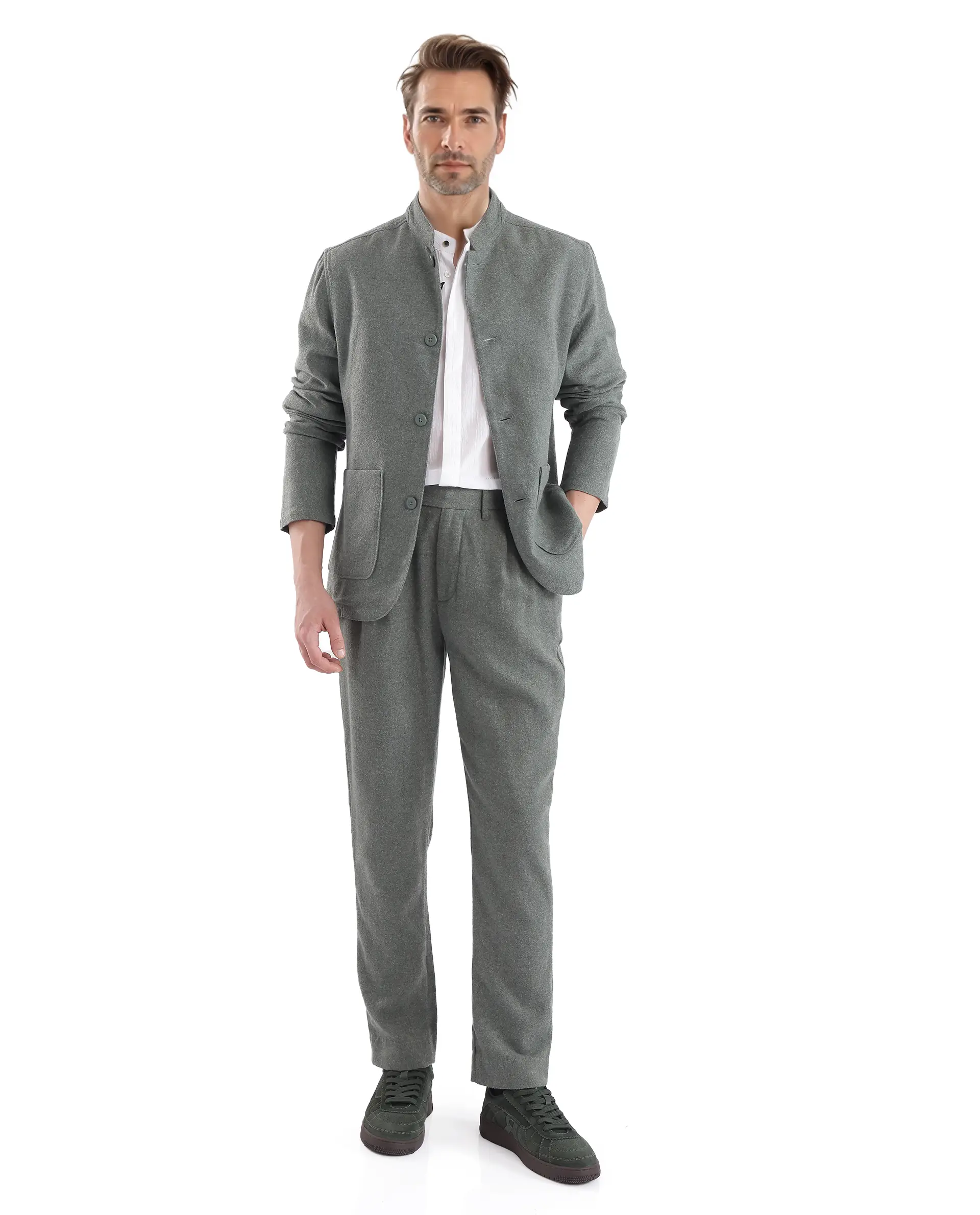 Rare Rabbit Men's Kolo Dark Green Polyester Blend Plain Regular Fit Full Sleeve Mandarin Collar Shacket - Image 2
