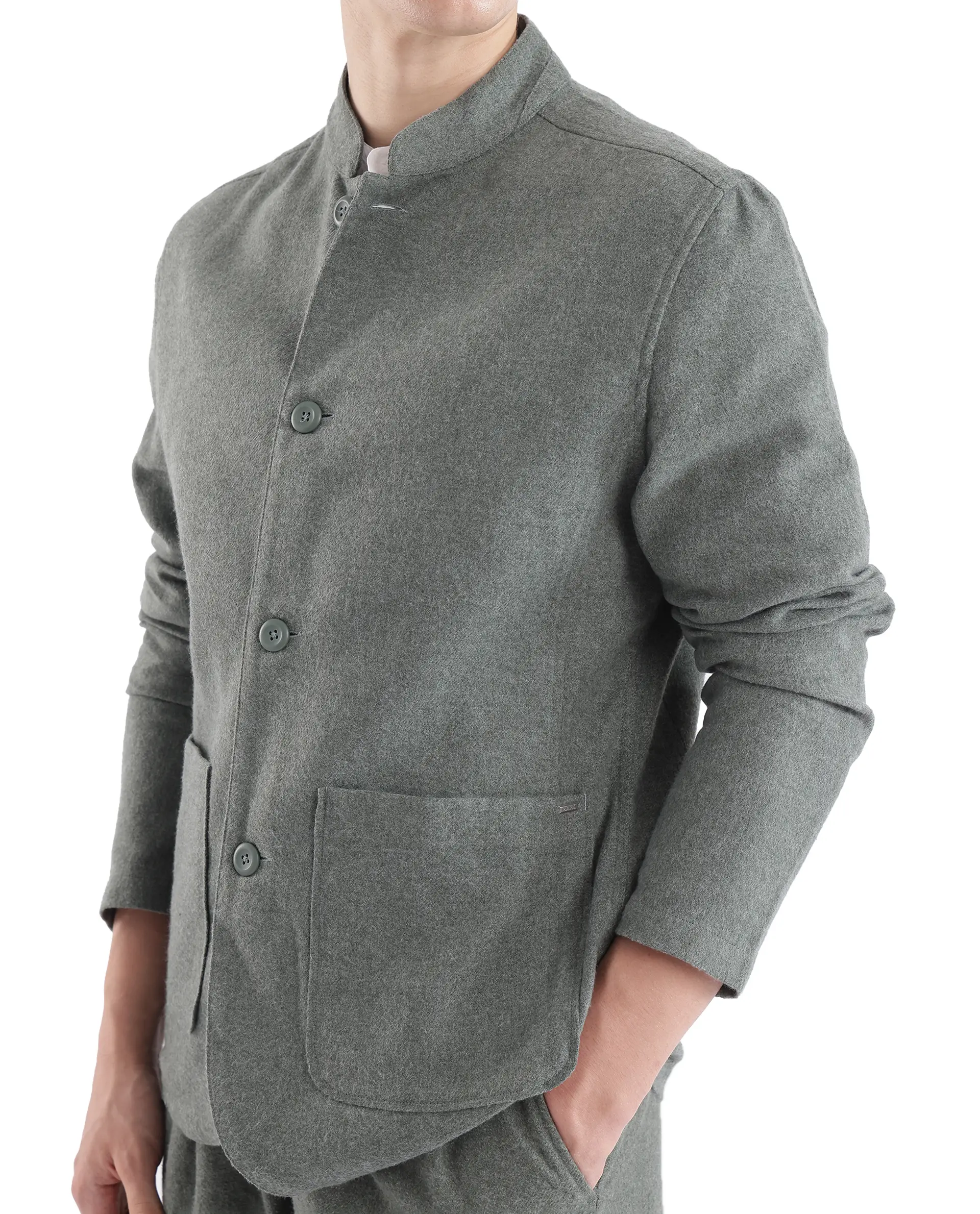 Rare Rabbit Men's Kolo Dark Green Polyester Blend Plain Regular Fit Full Sleeve Mandarin Collar Shacket - Image 3