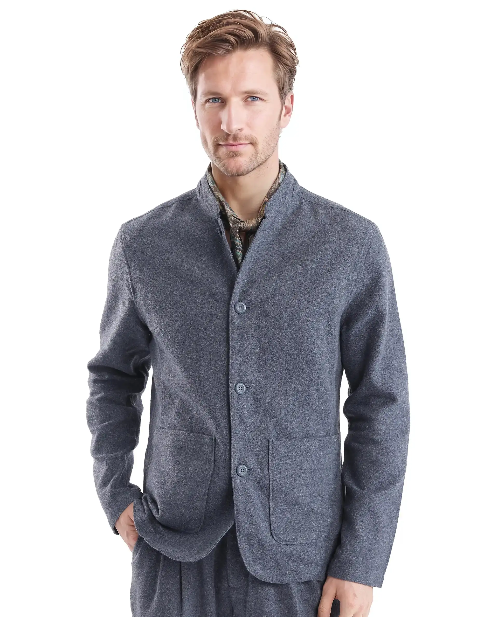 Rare Rabbit Men's Kolo Navy Polyester Blend Plain Regular Fit Full Sleeve Mandarin Collar Shacket