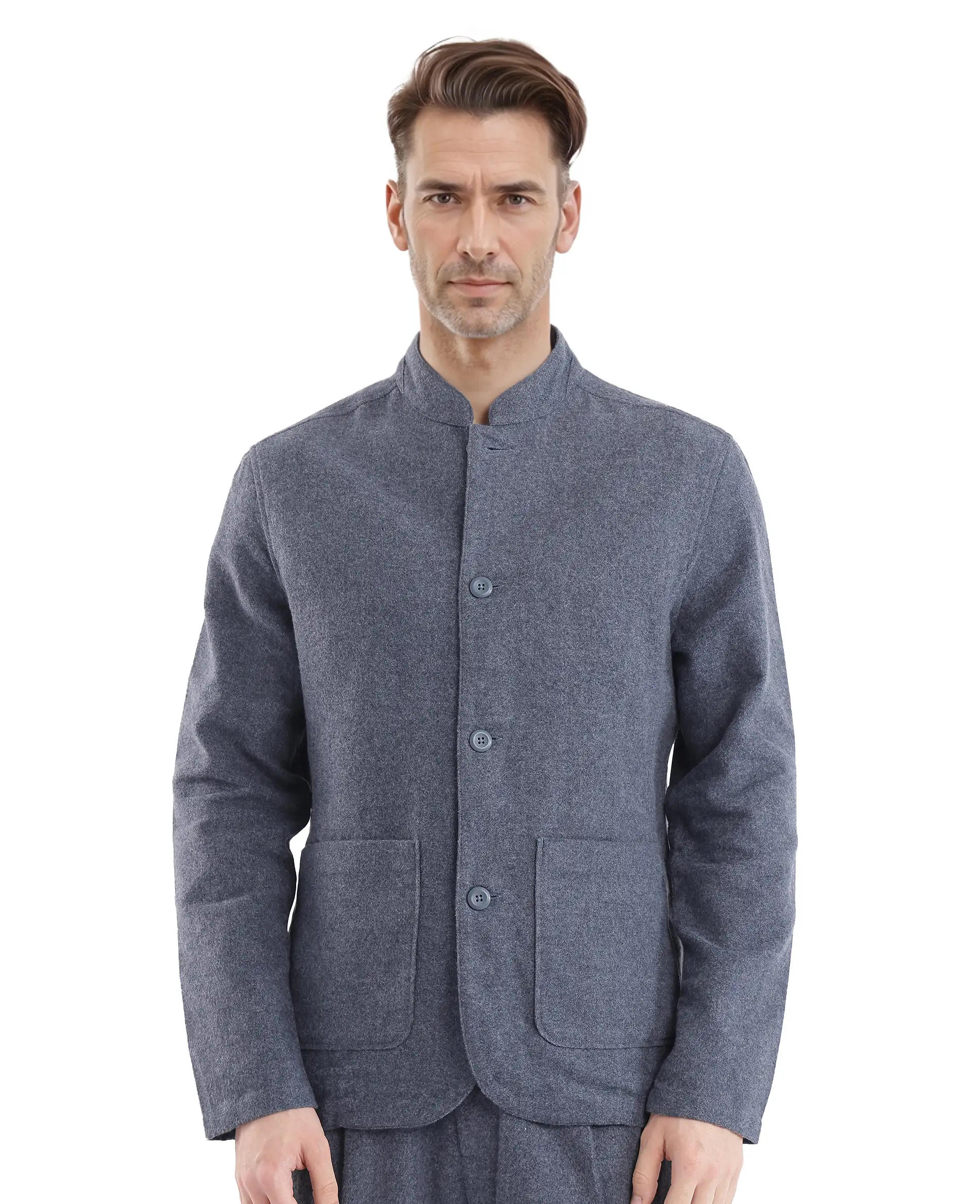 Rare Rabbit Men's Kolo Navy Polyester Blend Plain Regular Fit Full Sleeve Mandarin Collar Shacket - Image 5