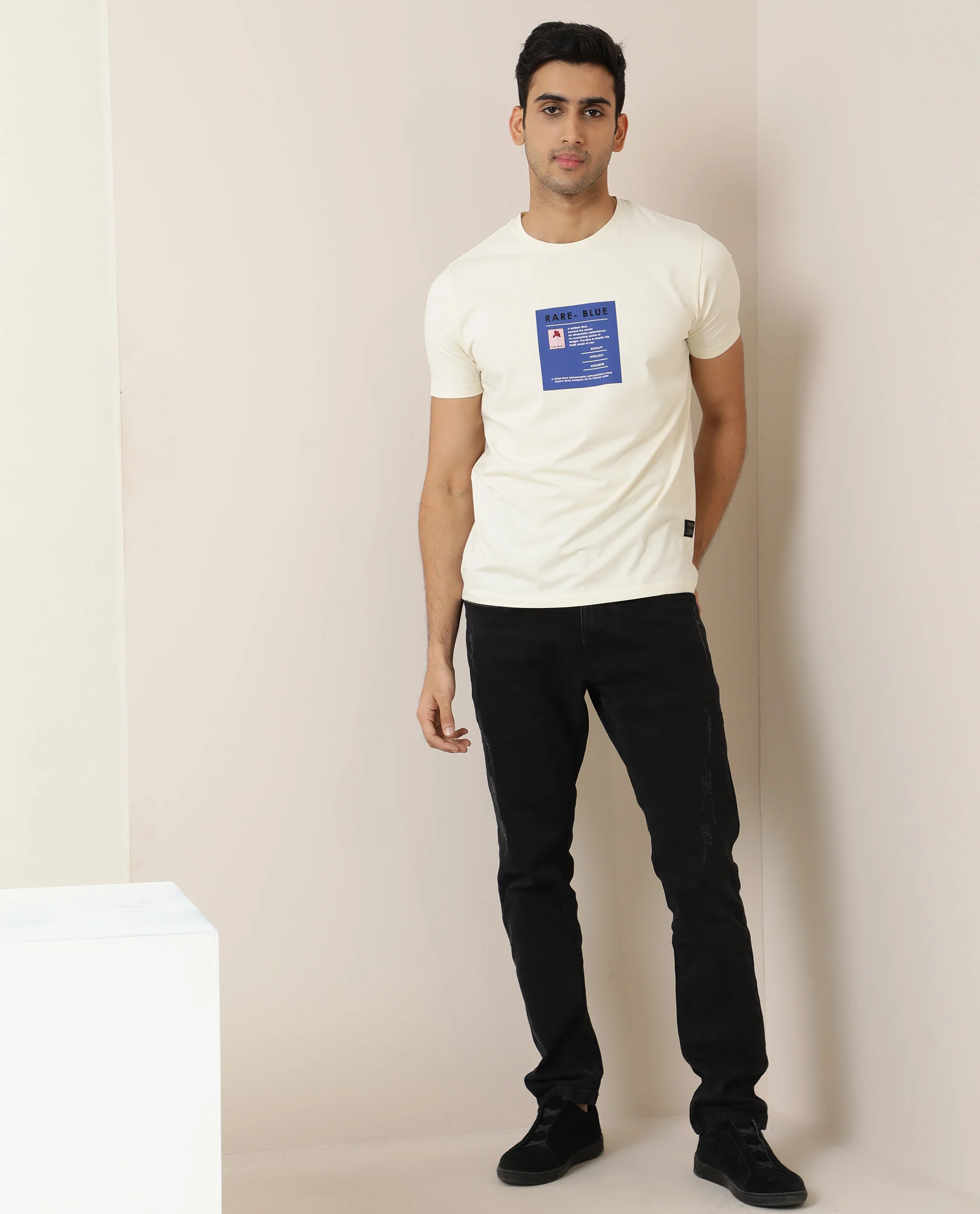 Rare Rabbit Men's Kolor Pastel Yellow Cotton Graphic Print Slim Fit Half Sleeve Crew Neck T-Shirt - Image 3