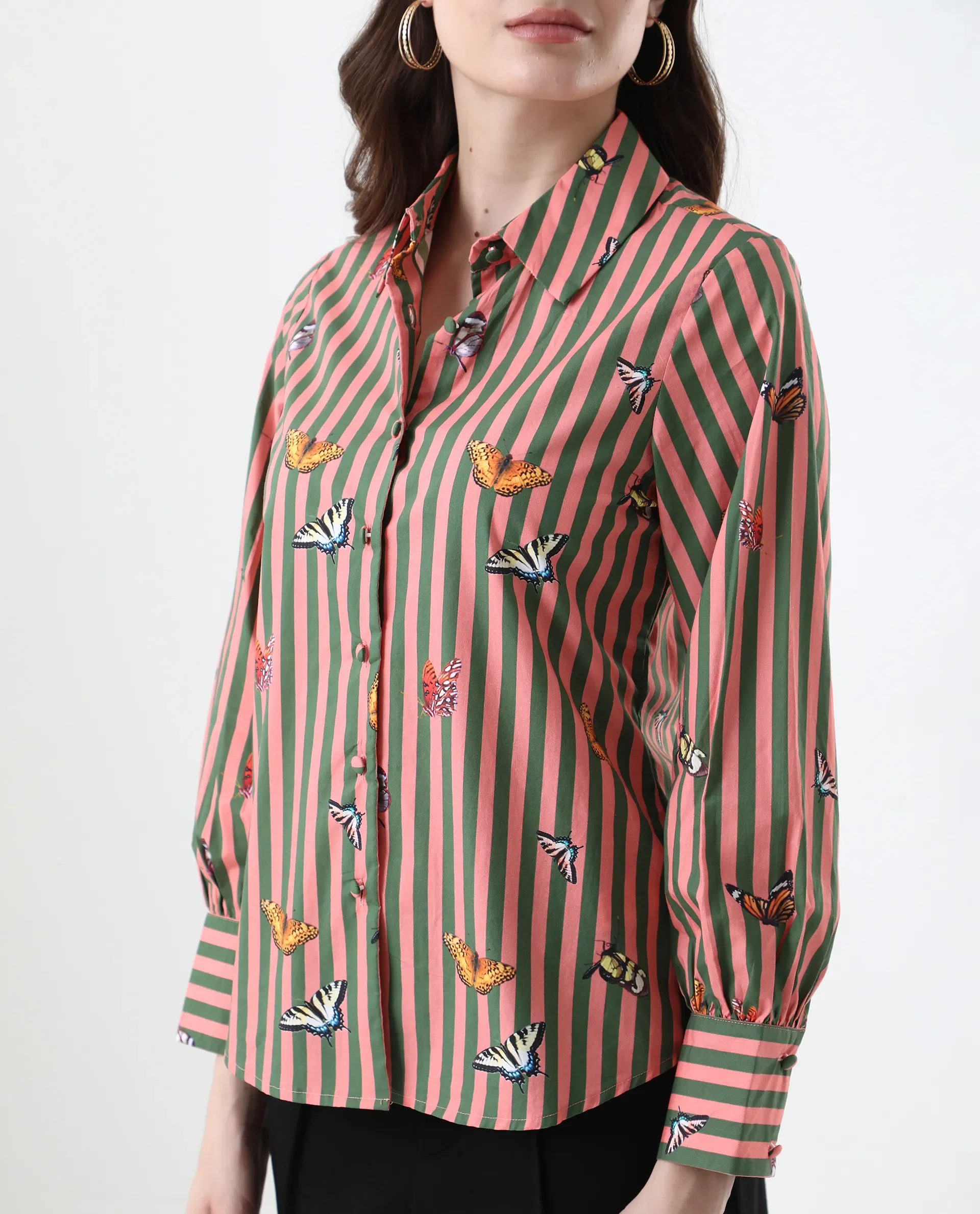 Rareism Women's Kolvo Multi Cotton Spread Collar Striped Bishop Sleeve Regular Fit Top - Image 2