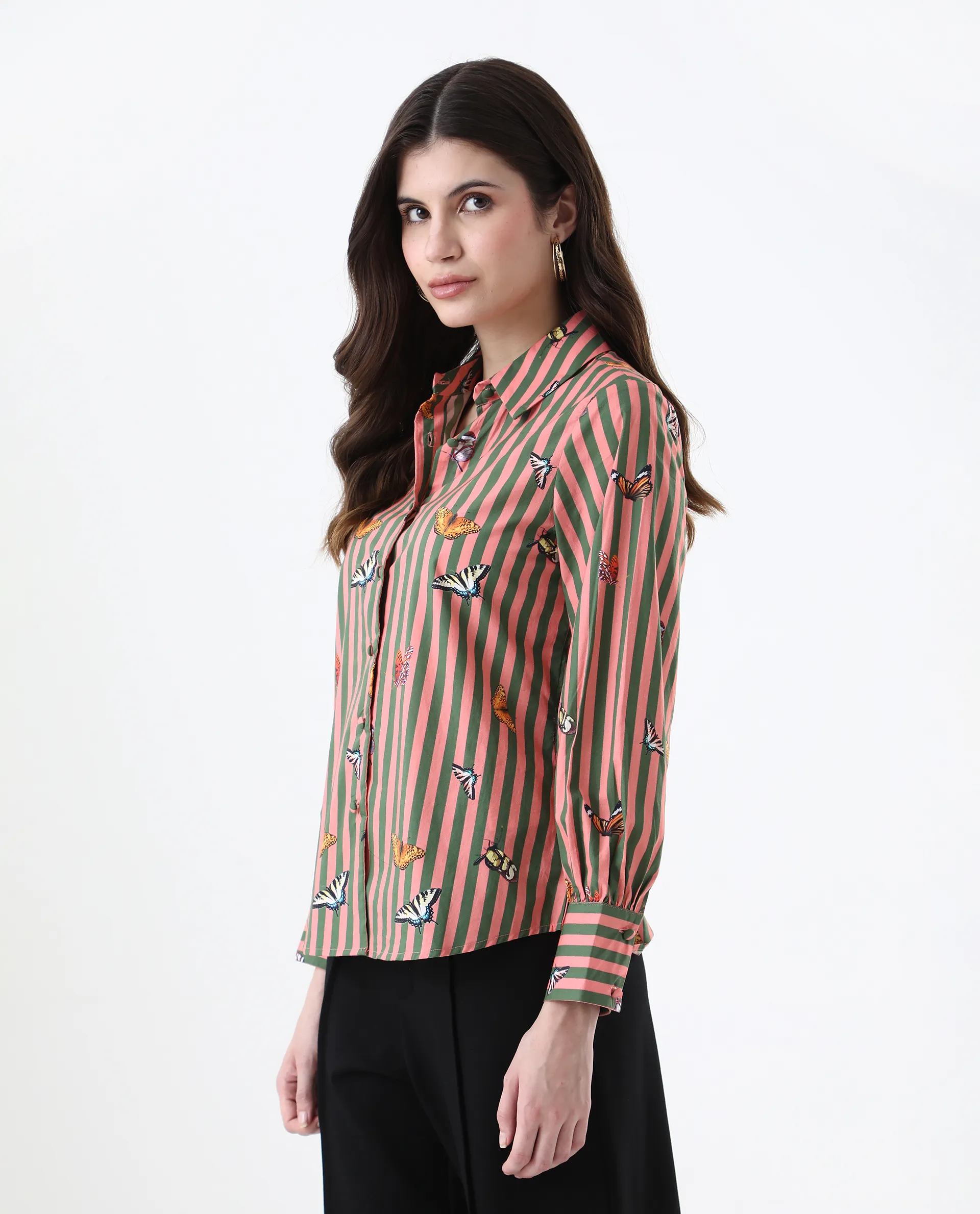 Rareism Women's Kolvo Multi Cotton Spread Collar Striped Bishop Sleeve Regular Fit Top - Image 4