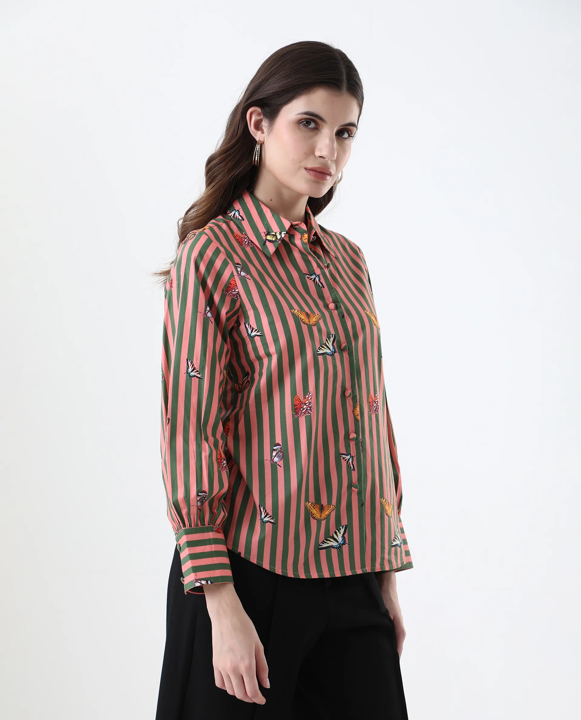 Rareism Women's Kolvo Multi Cotton Spread Collar Striped Bishop Sleeve Regular Fit Top - Image 5