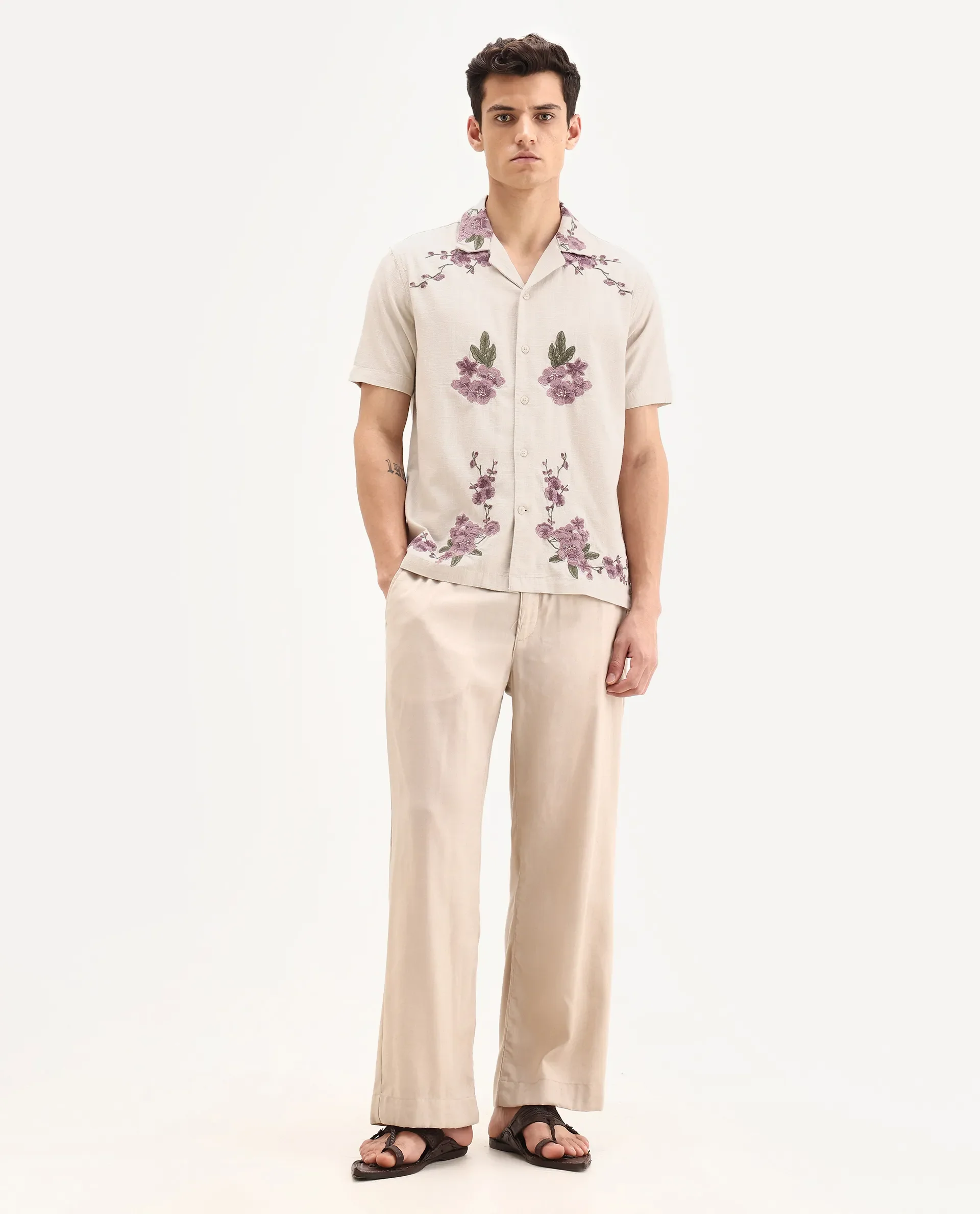 Rare Rabbit Men's Kone Off White Cotton Blend Embroidered Boxy Fit Half Sleeve Cuban Collar Shirt - Image 2