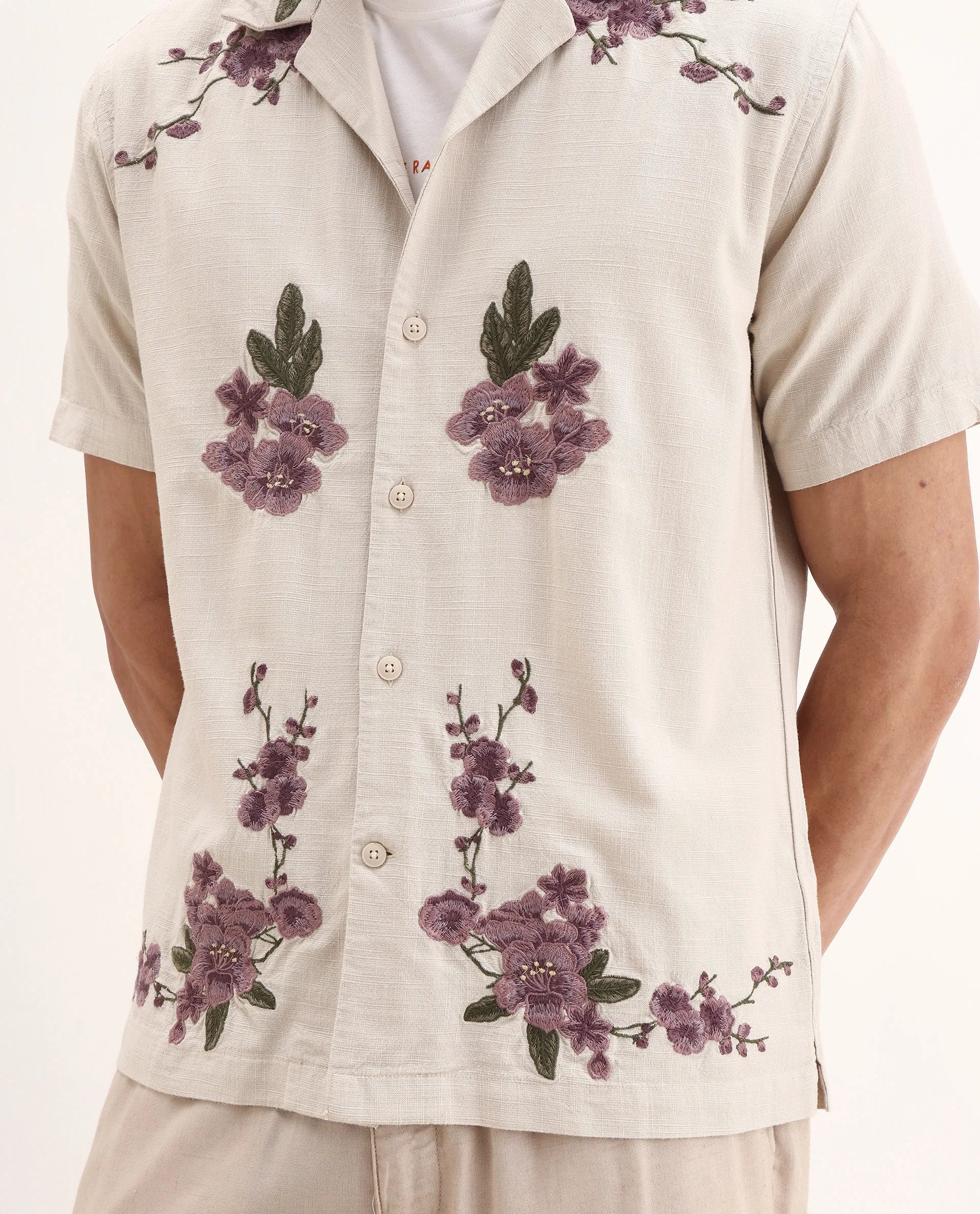 Rare Rabbit Men's Kone Off White Cotton Blend Embroidered Boxy Fit Half Sleeve Cuban Collar Shirt - Image 3