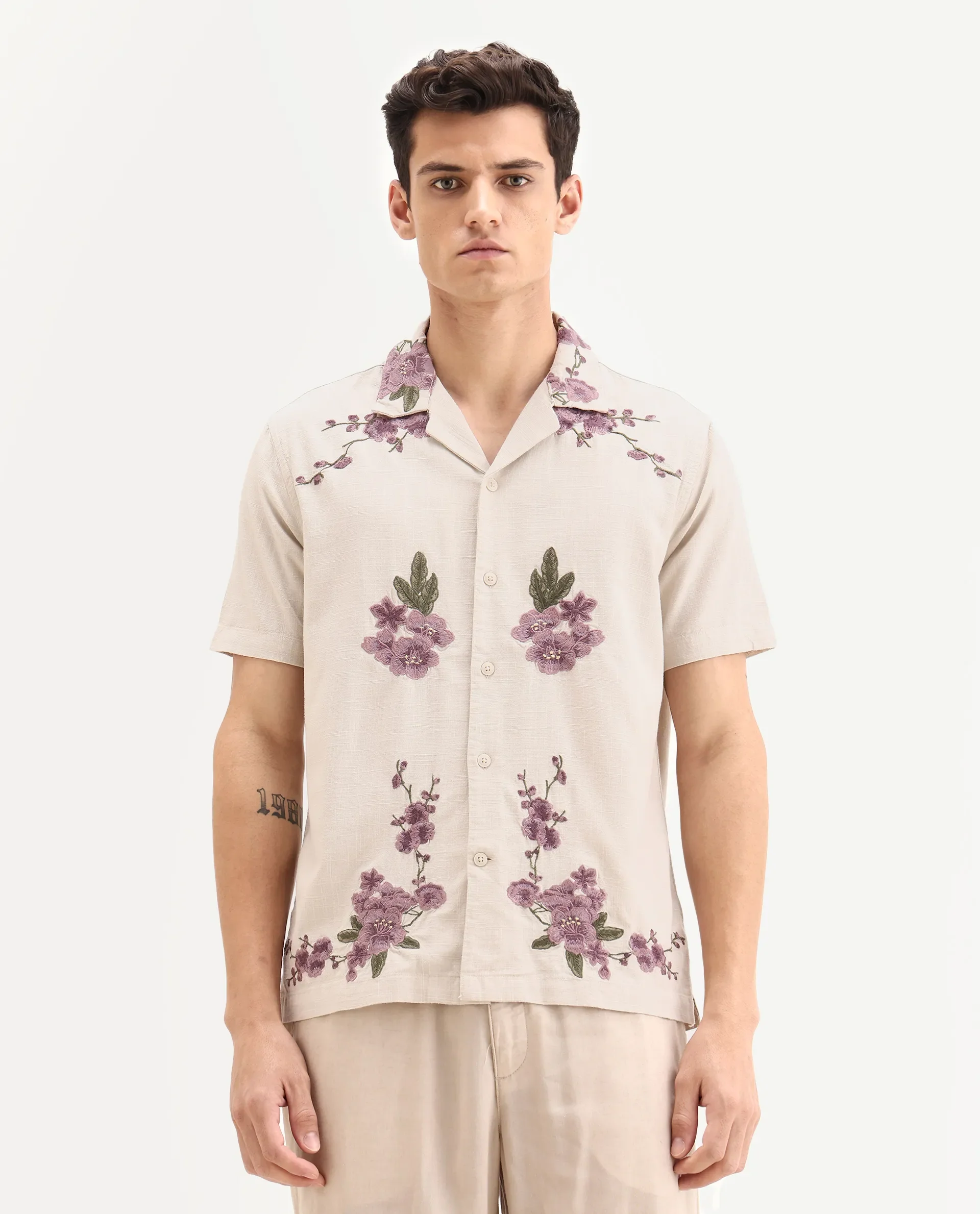 Rare Rabbit Men's Kone Off White Cotton Blend Embroidered Boxy Fit Half Sleeve Cuban Collar Shirt - Image 4