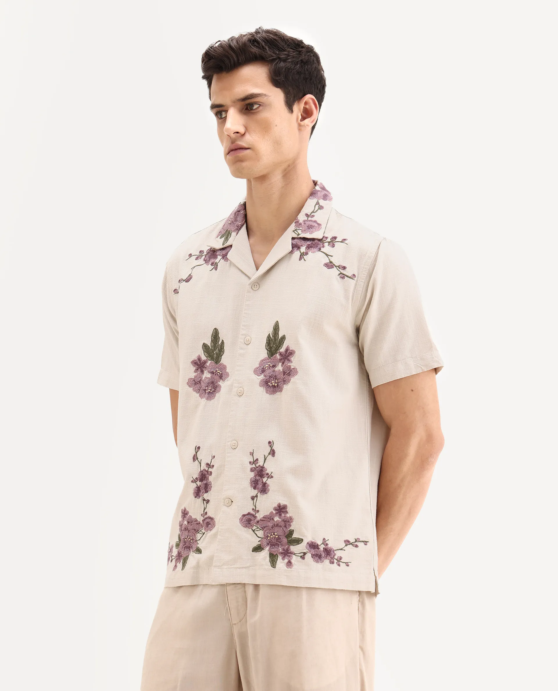 Rare Rabbit Men's Kone Off White Cotton Blend Embroidered Boxy Fit Half Sleeve Cuban Collar Shirt - Image 5