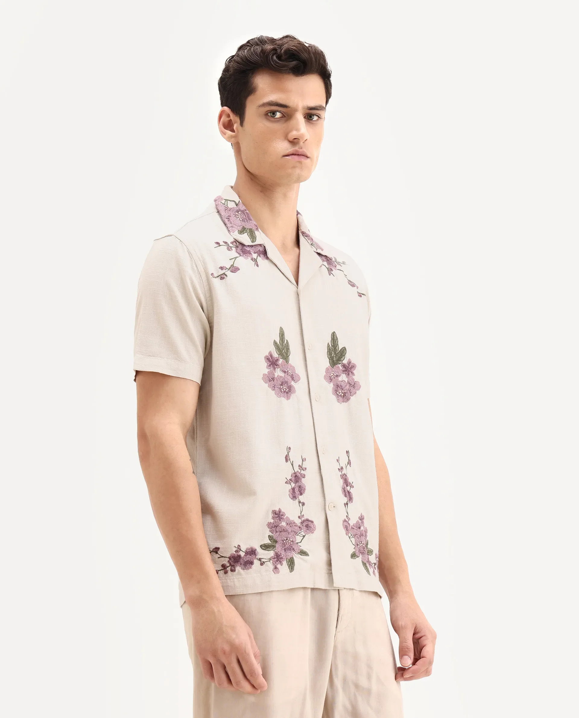 Rare Rabbit Men's Kone Off White Cotton Blend Embroidered Boxy Fit Half Sleeve Cuban Collar Shirt - Image 6