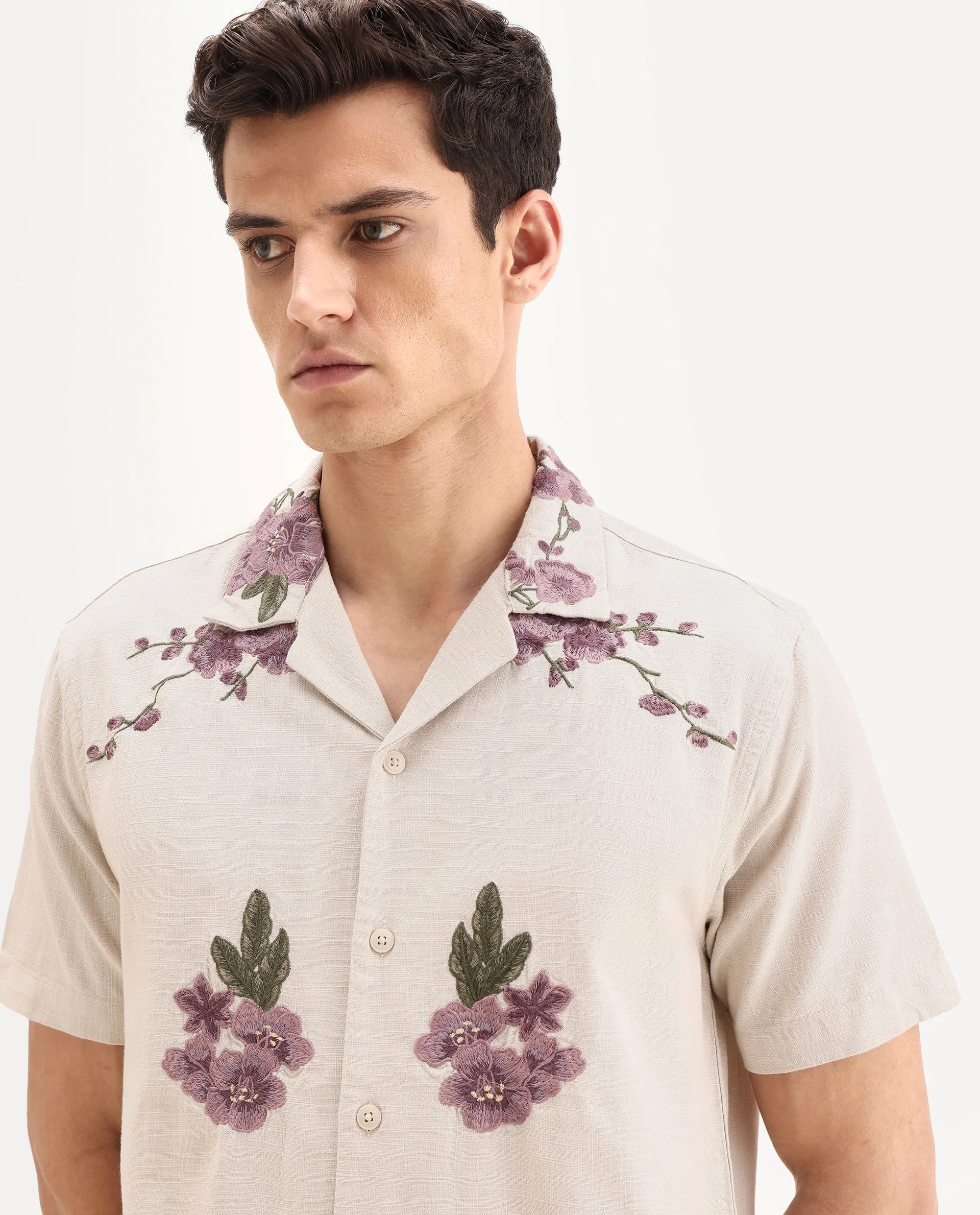 Rare Rabbit Men's Kone Off White Cotton Blend Embroidered Boxy Fit Half Sleeve Cuban Collar Shirt - Image 7