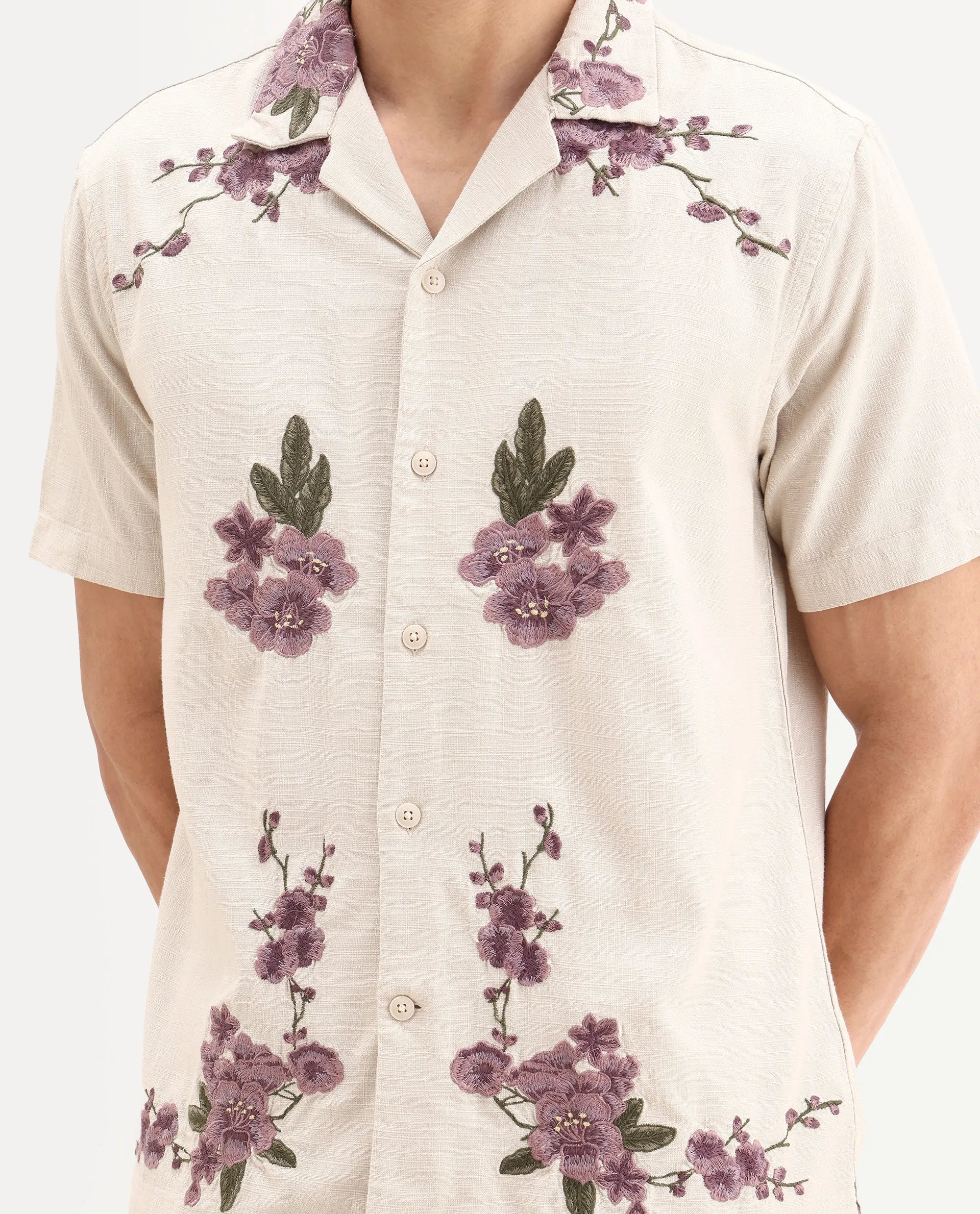 Rare Rabbit Men's Kone Off White Cotton Blend Embroidered Boxy Fit Half Sleeve Cuban Collar Shirt - Image 8