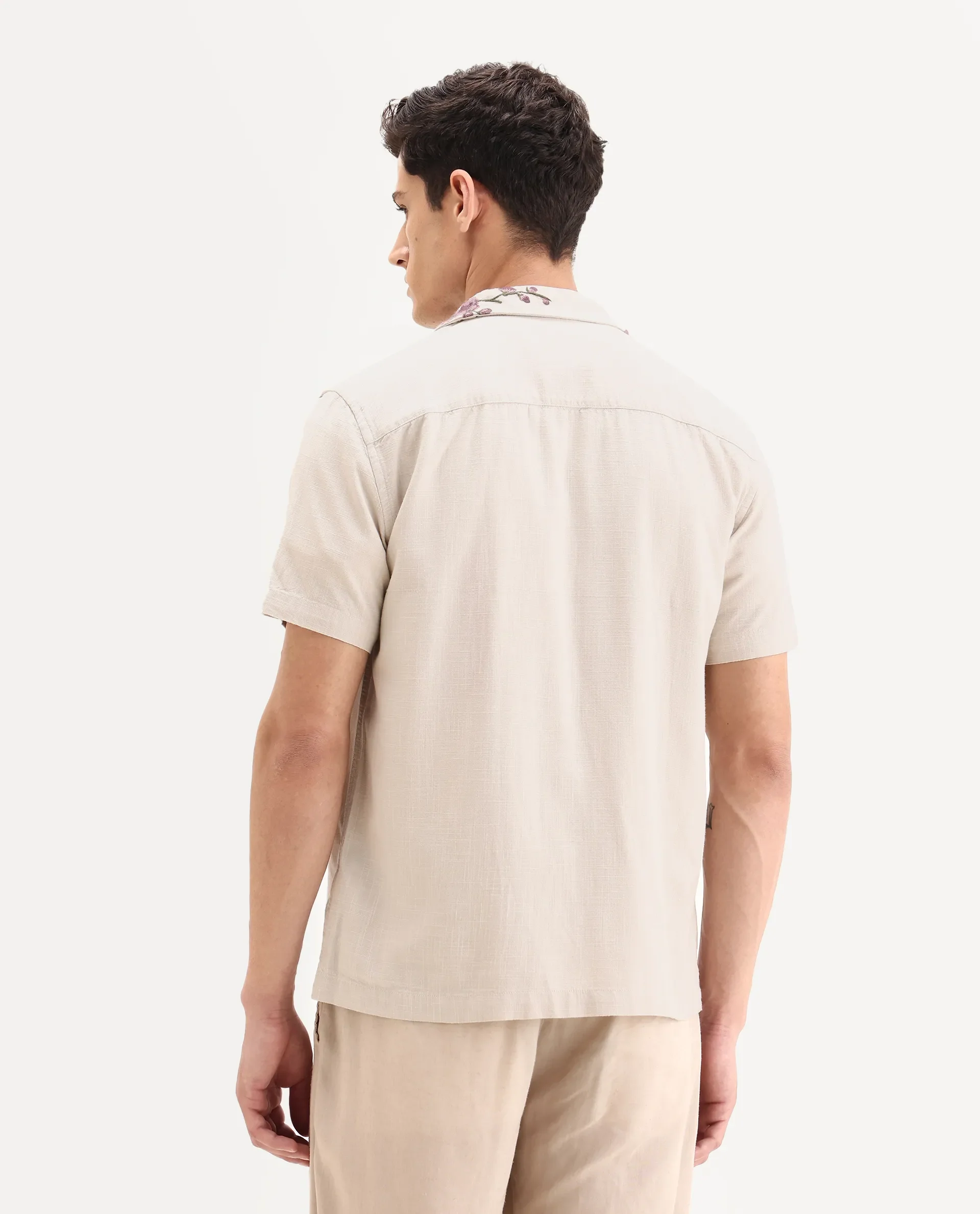 Rare Rabbit Men's Kone Off White Cotton Blend Embroidered Boxy Fit Half Sleeve Cuban Collar Shirt - Image 9
