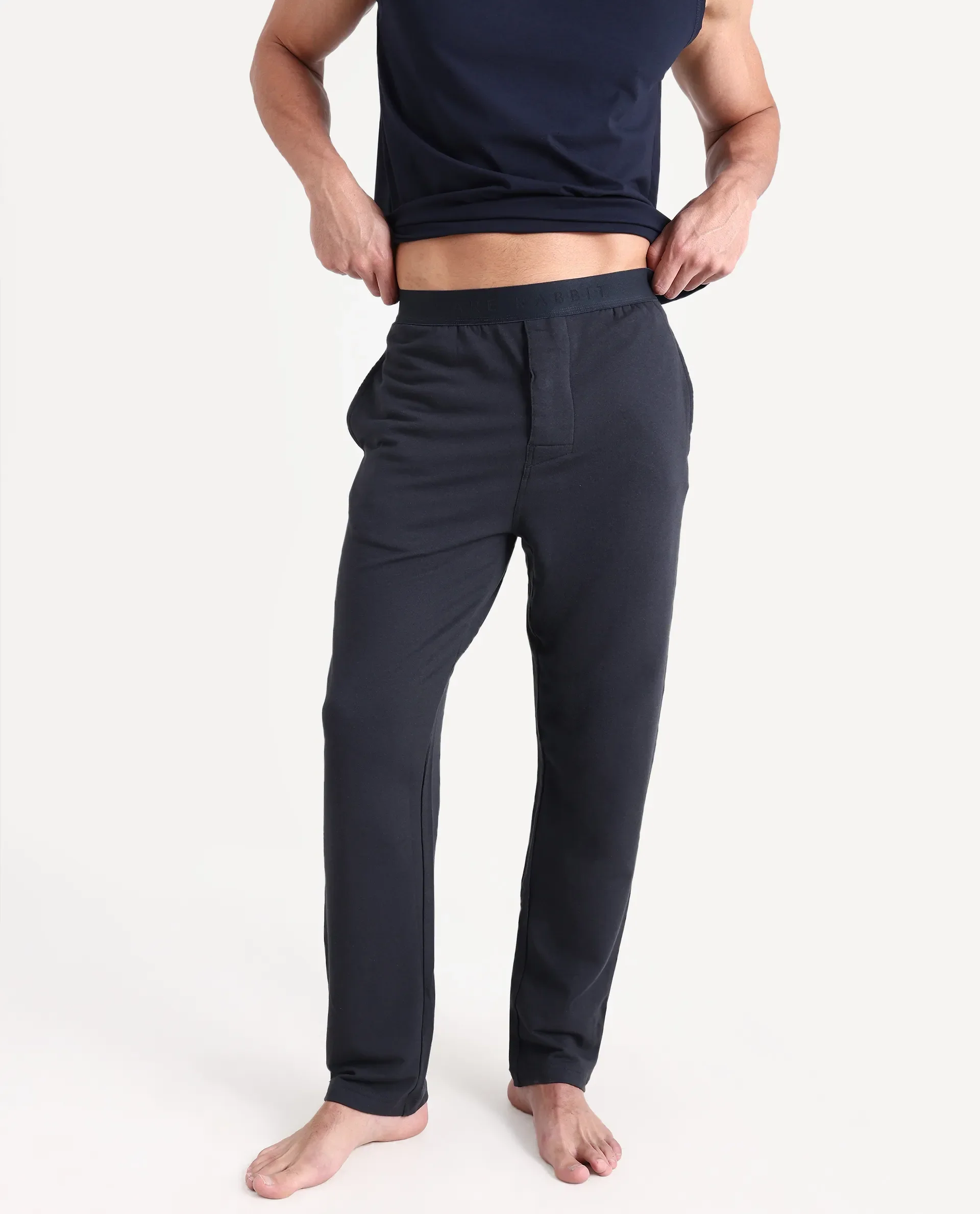 Rare Rabbit Men's Koney Navy Cotton Modal Spandex Fabric Regular Fit Plain Pajama