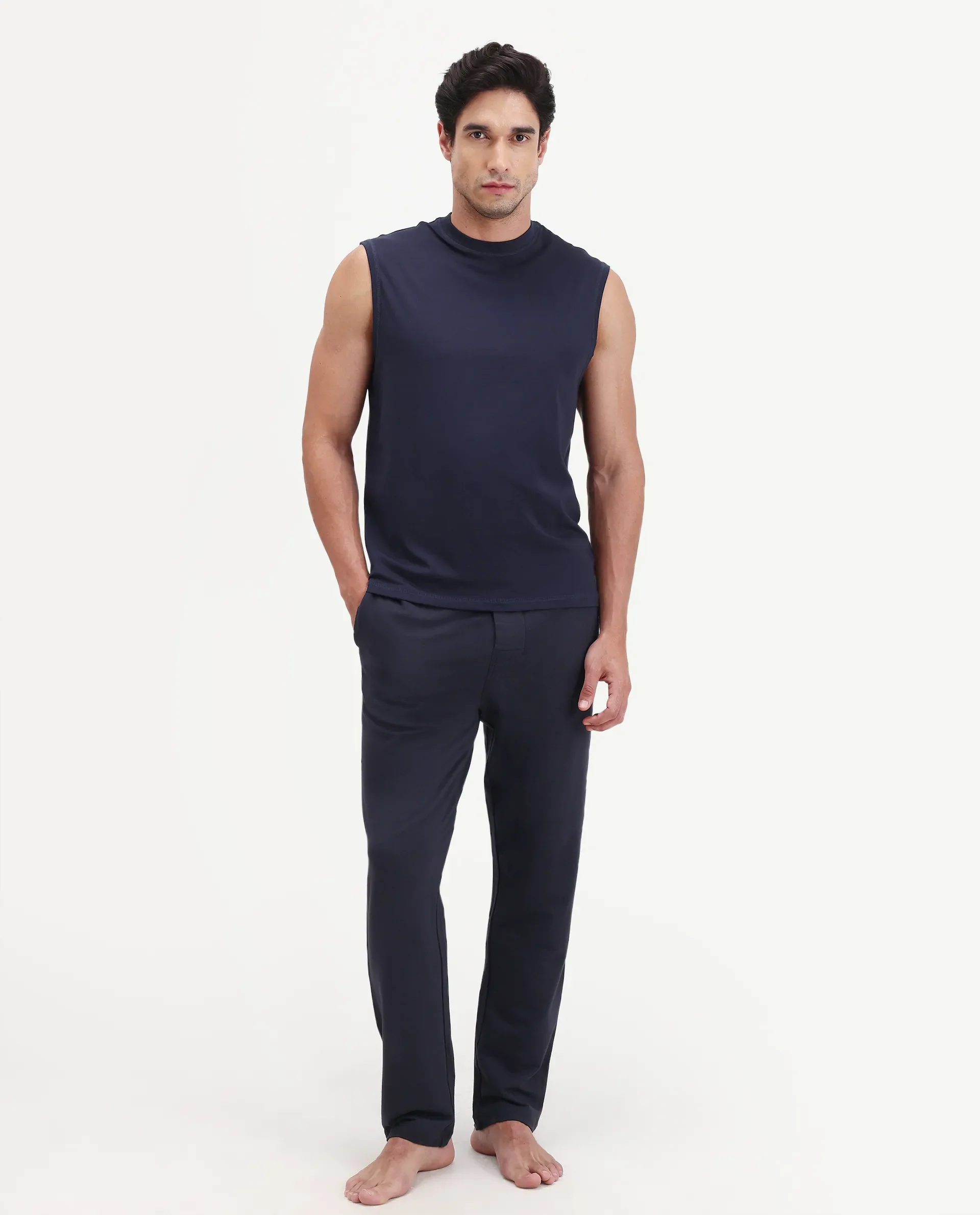 Rare Rabbit Men's Koney Navy Cotton Modal Spandex Fabric Regular Fit Plain Pajama - Image 4