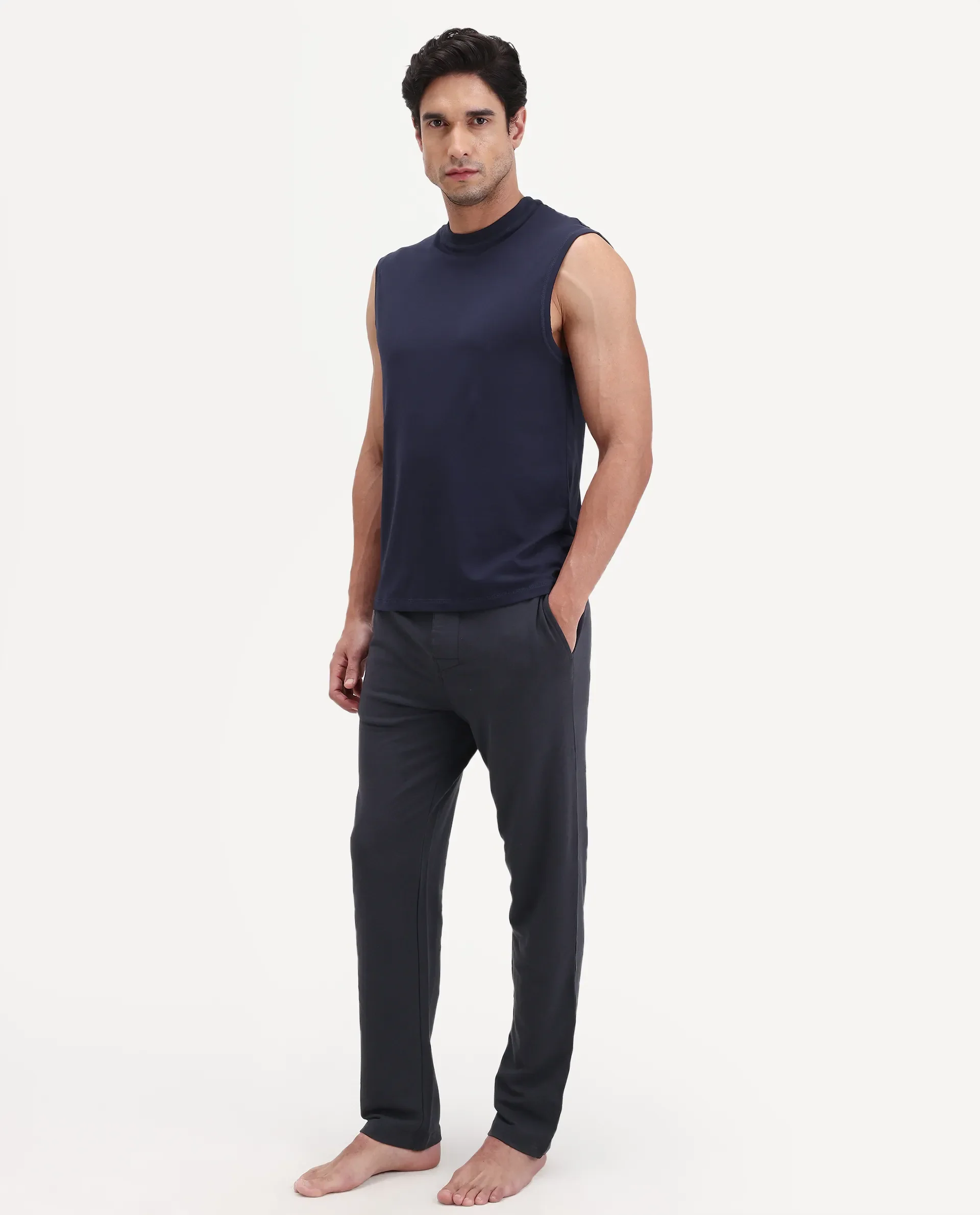 Rare Rabbit Men's Koney Navy Cotton Modal Spandex Fabric Regular Fit Plain Pajama - Image 5
