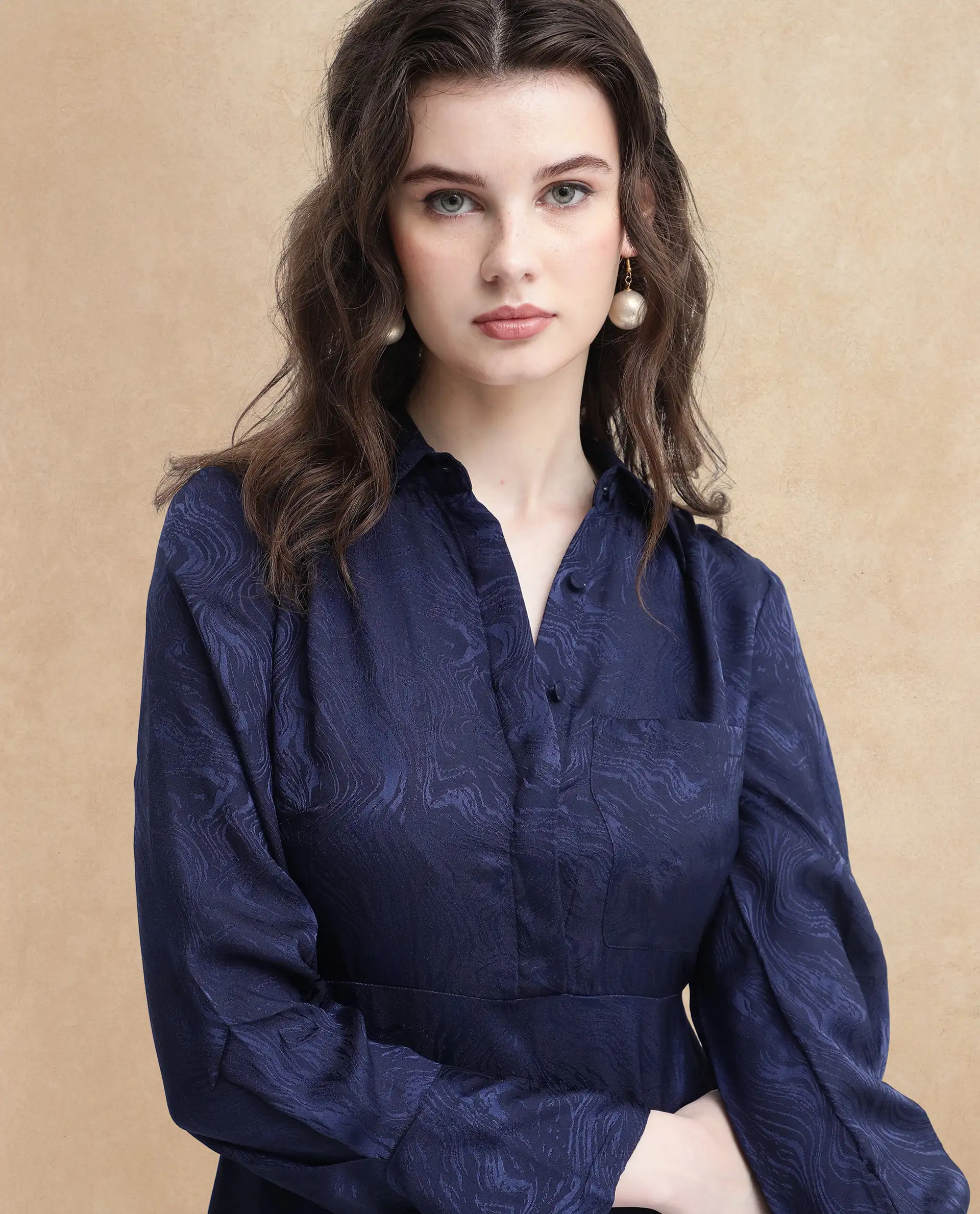 Rareism Women's Kono Navy Polyester Drop Collar Plain Cuffed Sleeve Midi Fit And Flare Dress - Image 3