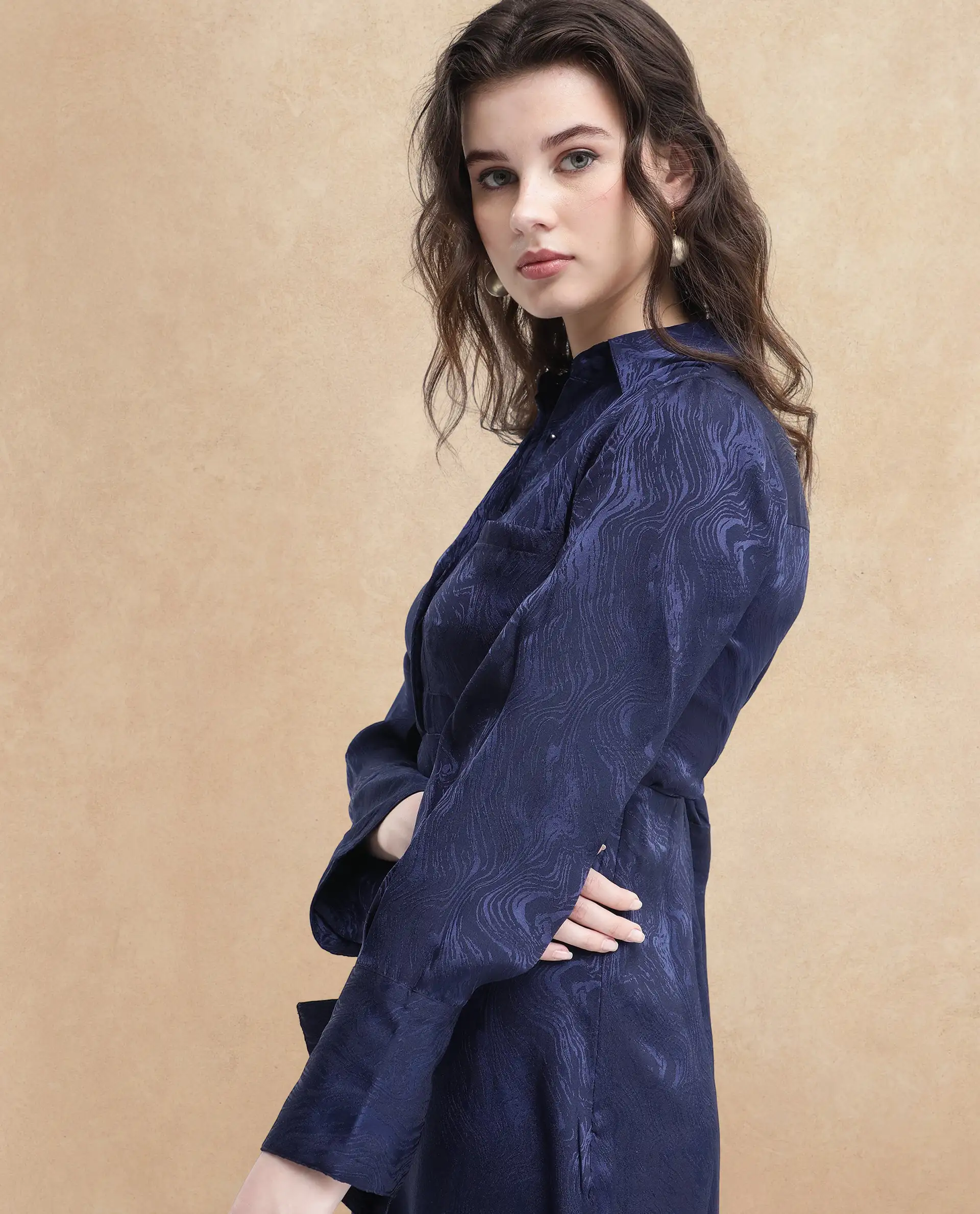 Rareism Women's Kono Navy Polyester Drop Collar Plain Cuffed Sleeve Midi Fit And Flare Dress - Image 4
