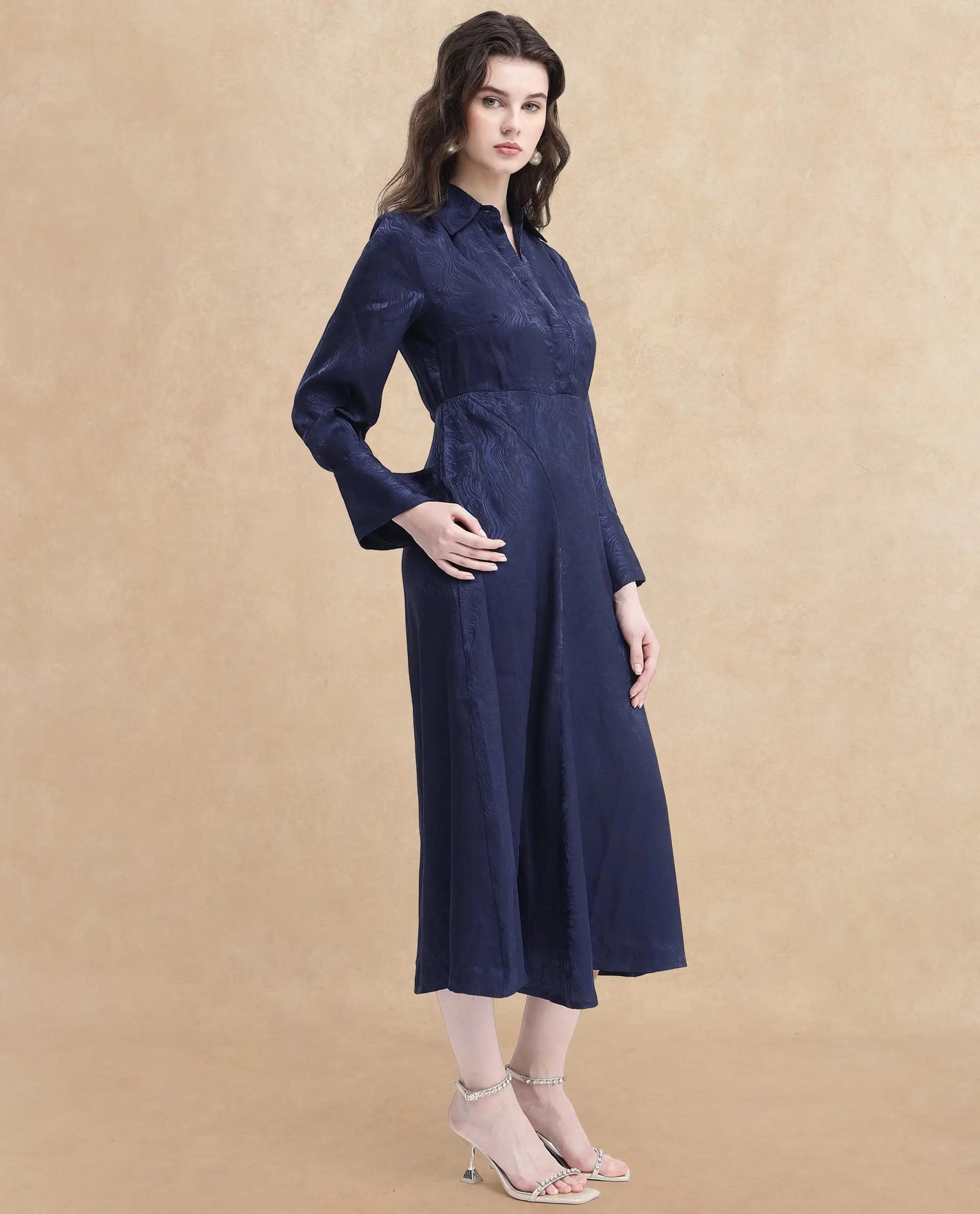 Rareism Women's Kono Navy Polyester Drop Collar Plain Cuffed Sleeve Midi Fit And Flare Dress - Image 5