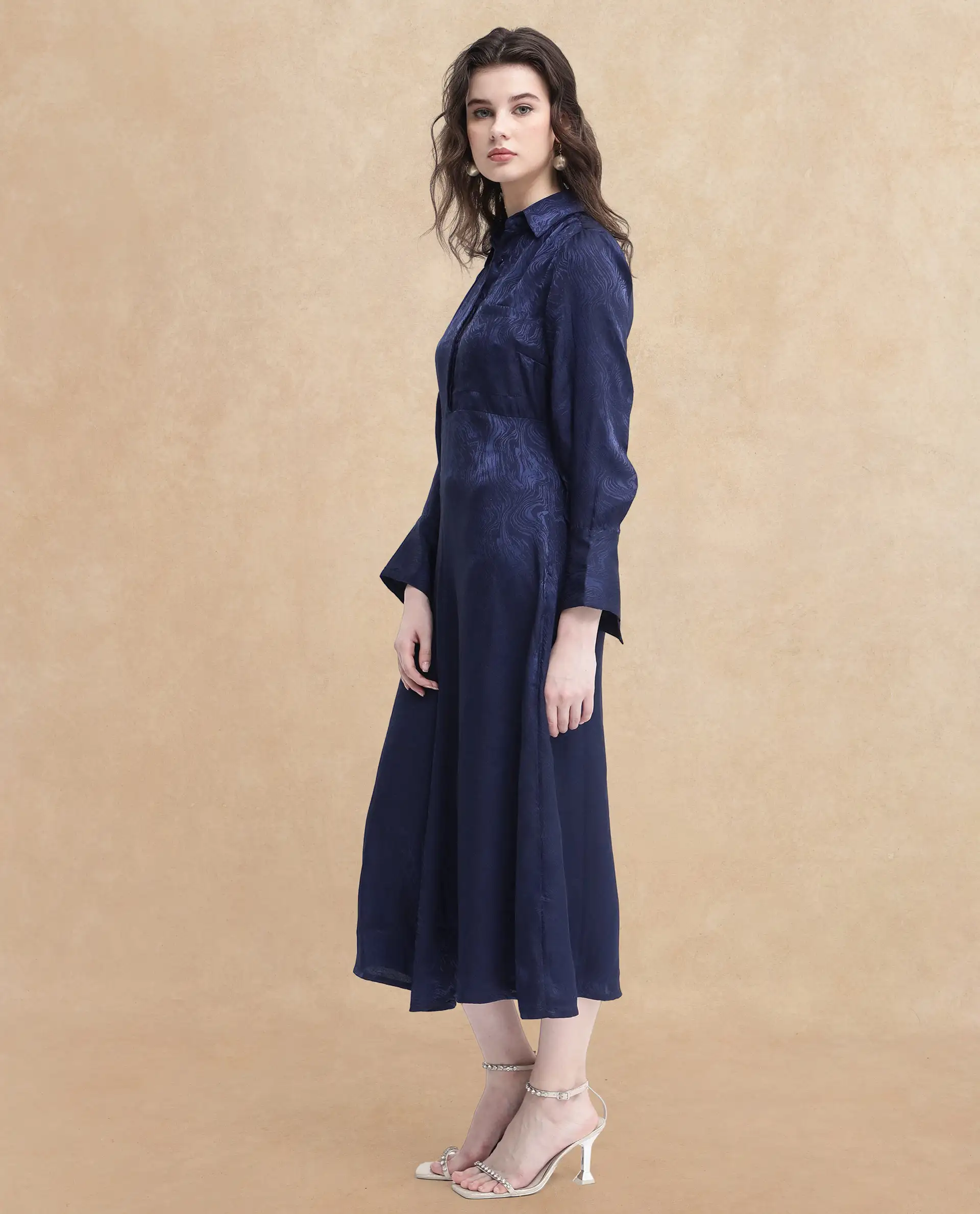 Rareism Women's Kono Navy Polyester Drop Collar Plain Cuffed Sleeve Midi Fit And Flare Dress - Image 6