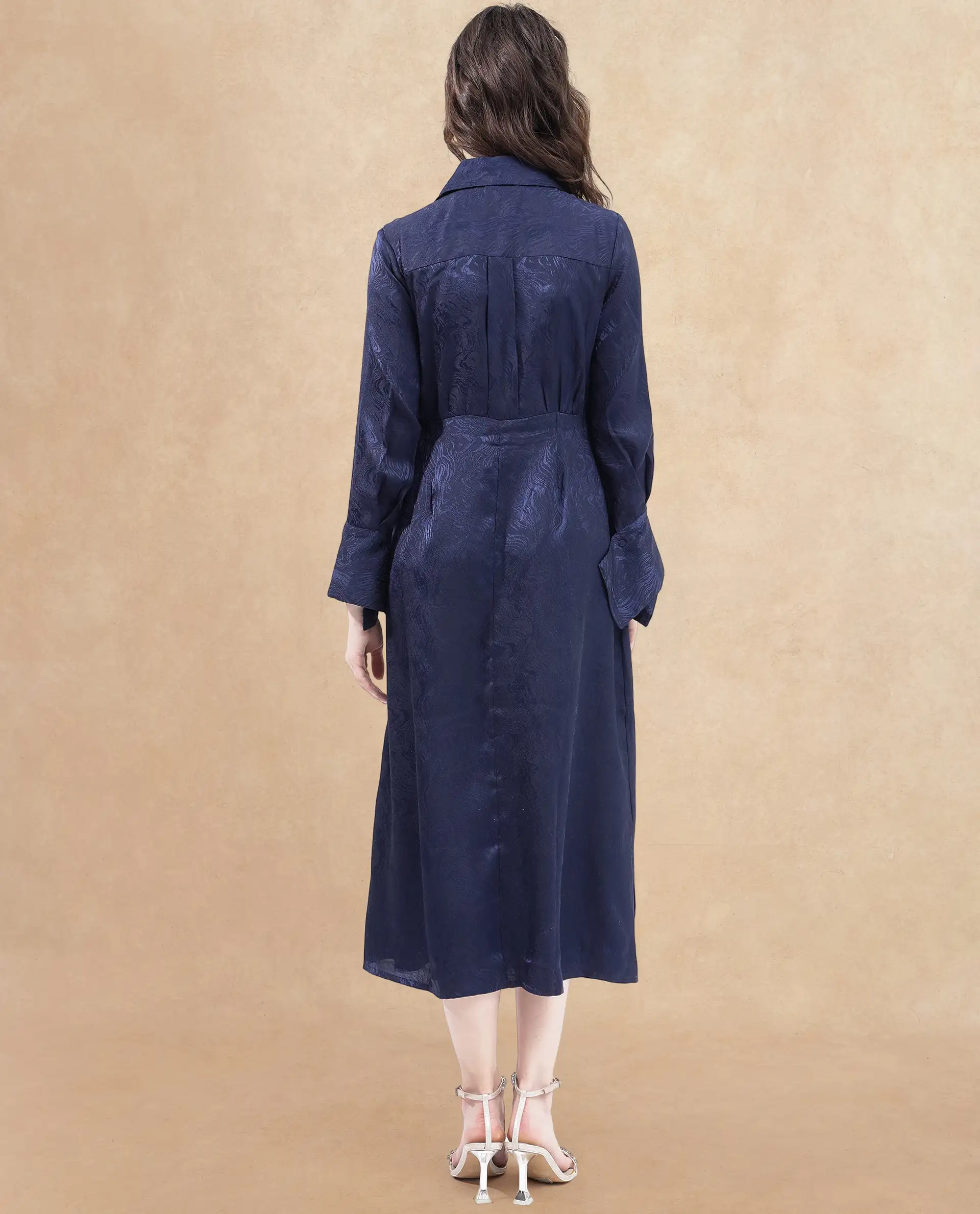 Rareism Women's Kono Navy Polyester Drop Collar Plain Cuffed Sleeve Midi Fit And Flare Dress - Image 7
