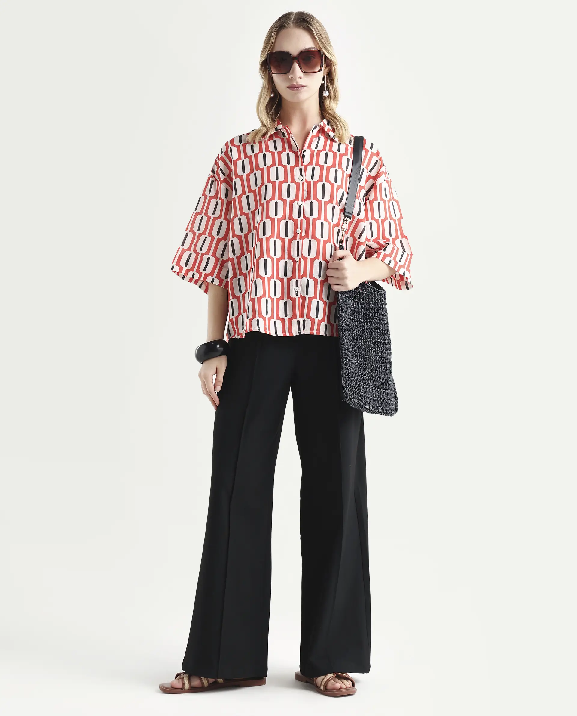 Rareism Women's Koor Multi Cotton Blend Drop Collar Geometric Print Relaxed Fit Shirt - Image 2