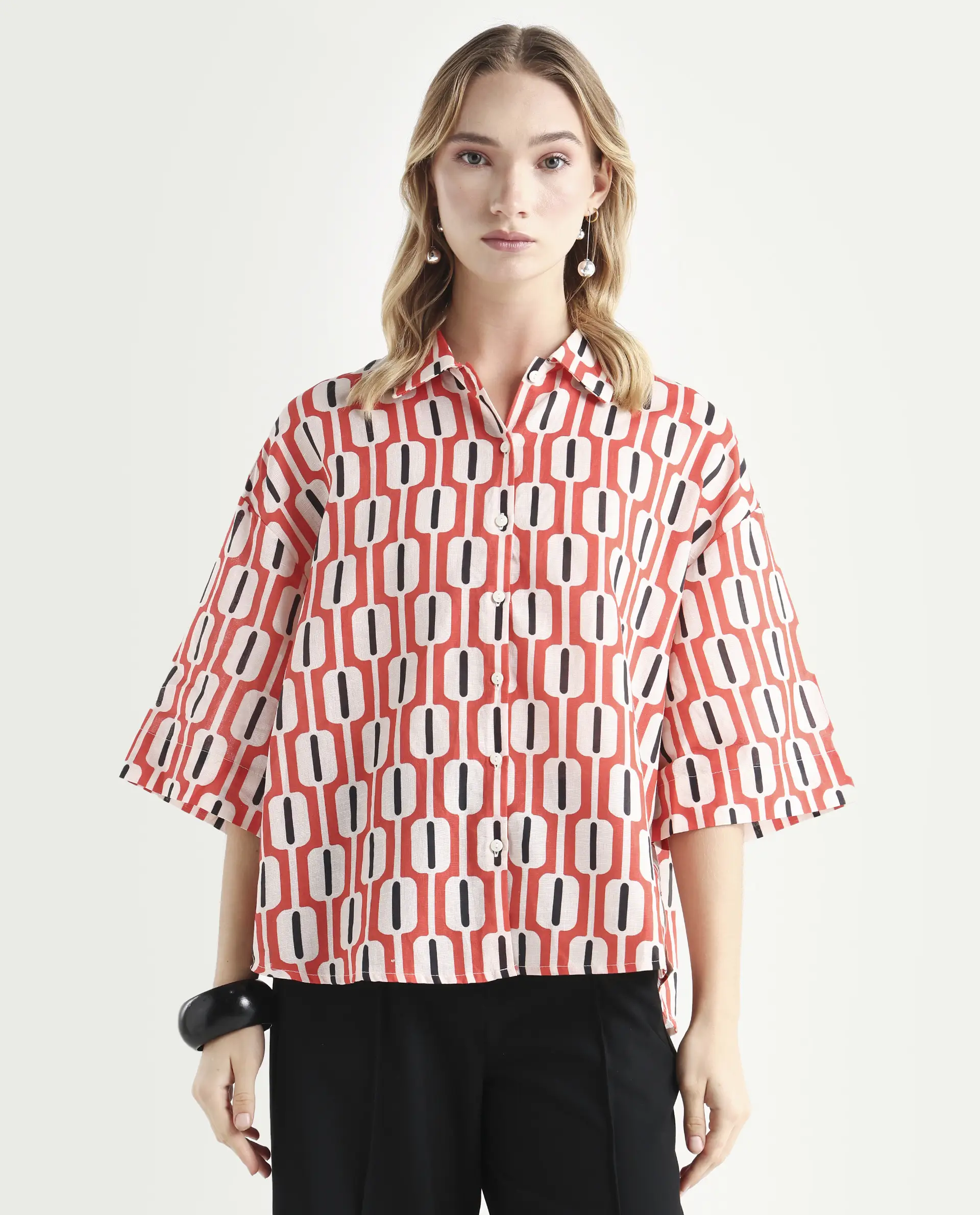Rareism Women's Koor Multi Cotton Blend Drop Collar Geometric Print Relaxed Fit Shirt - Image 3