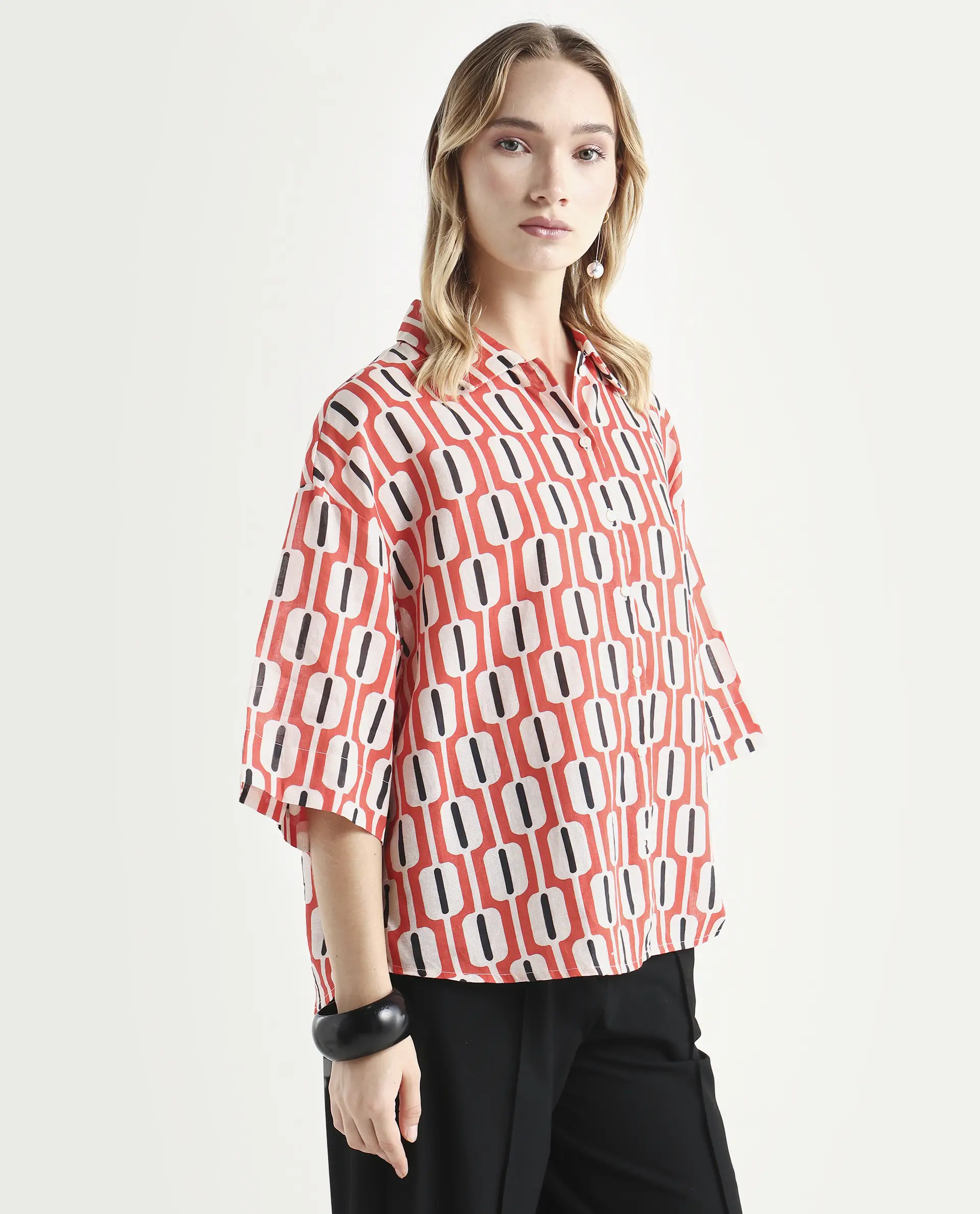 Rareism Women's Koor Multi Cotton Blend Drop Collar Geometric Print Relaxed Fit Shirt - Image 5