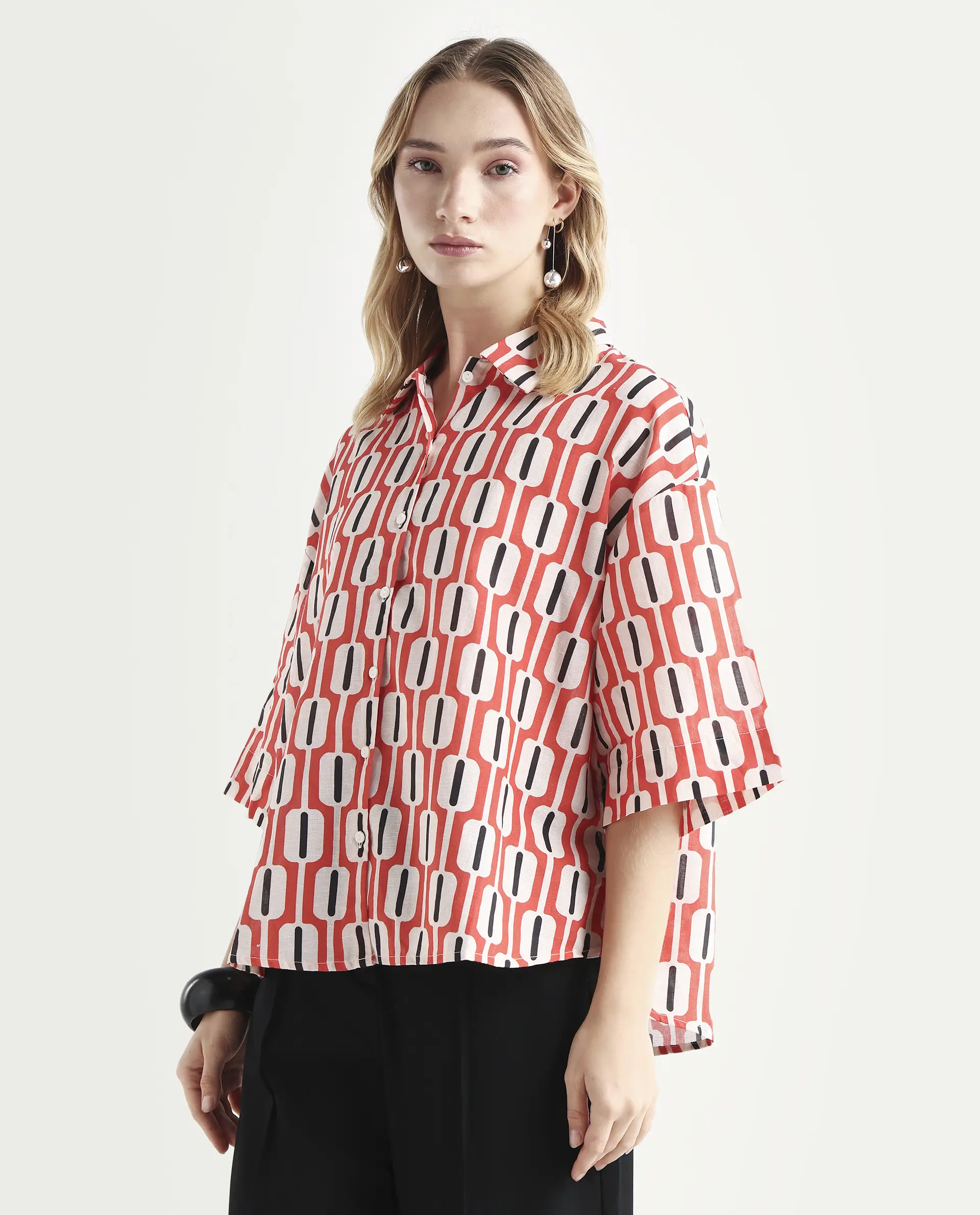 Rareism Women's Koor Multi Cotton Blend Drop Collar Geometric Print Relaxed Fit Shirt - Image 6