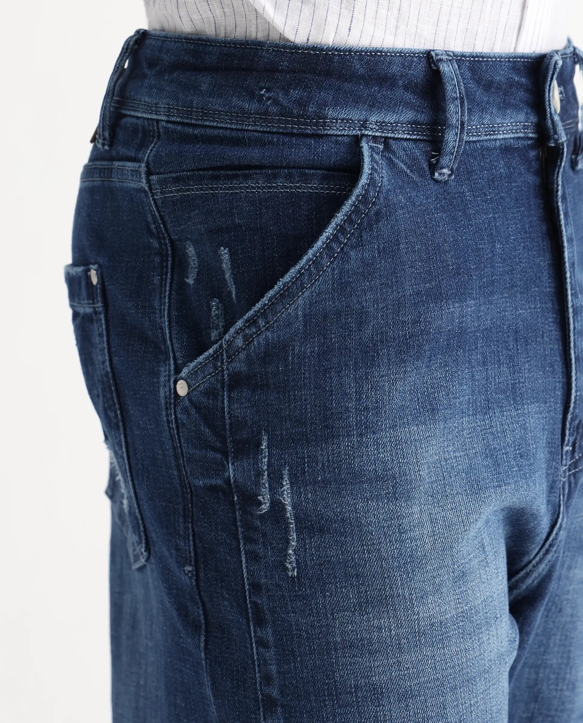 Rare Rabbit Men's Korb Blue Cotton Blend Plain Baggy Fit Jeans - Image 4