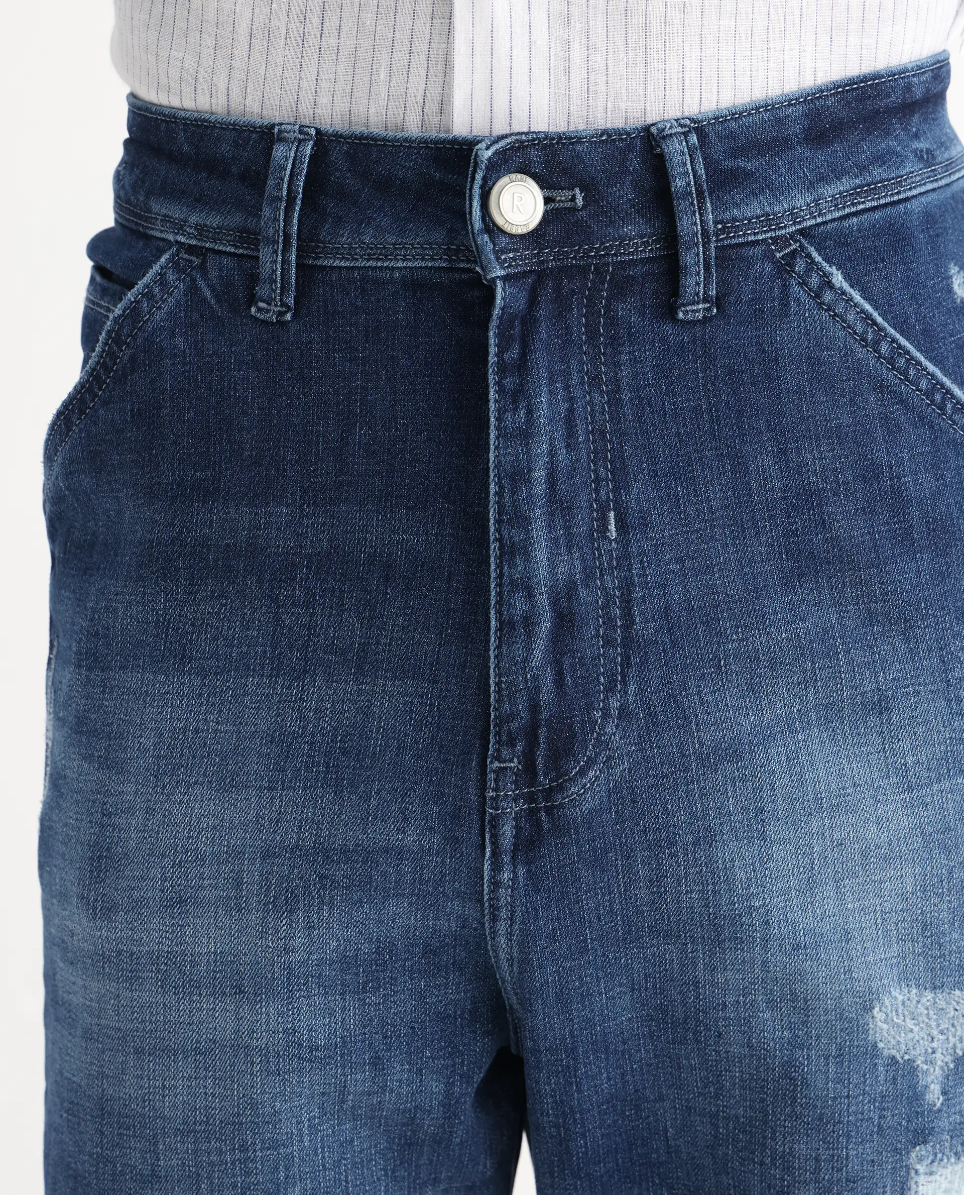 Rare Rabbit Men's Korb Blue Cotton Blend Plain Baggy Fit Jeans - Image 6