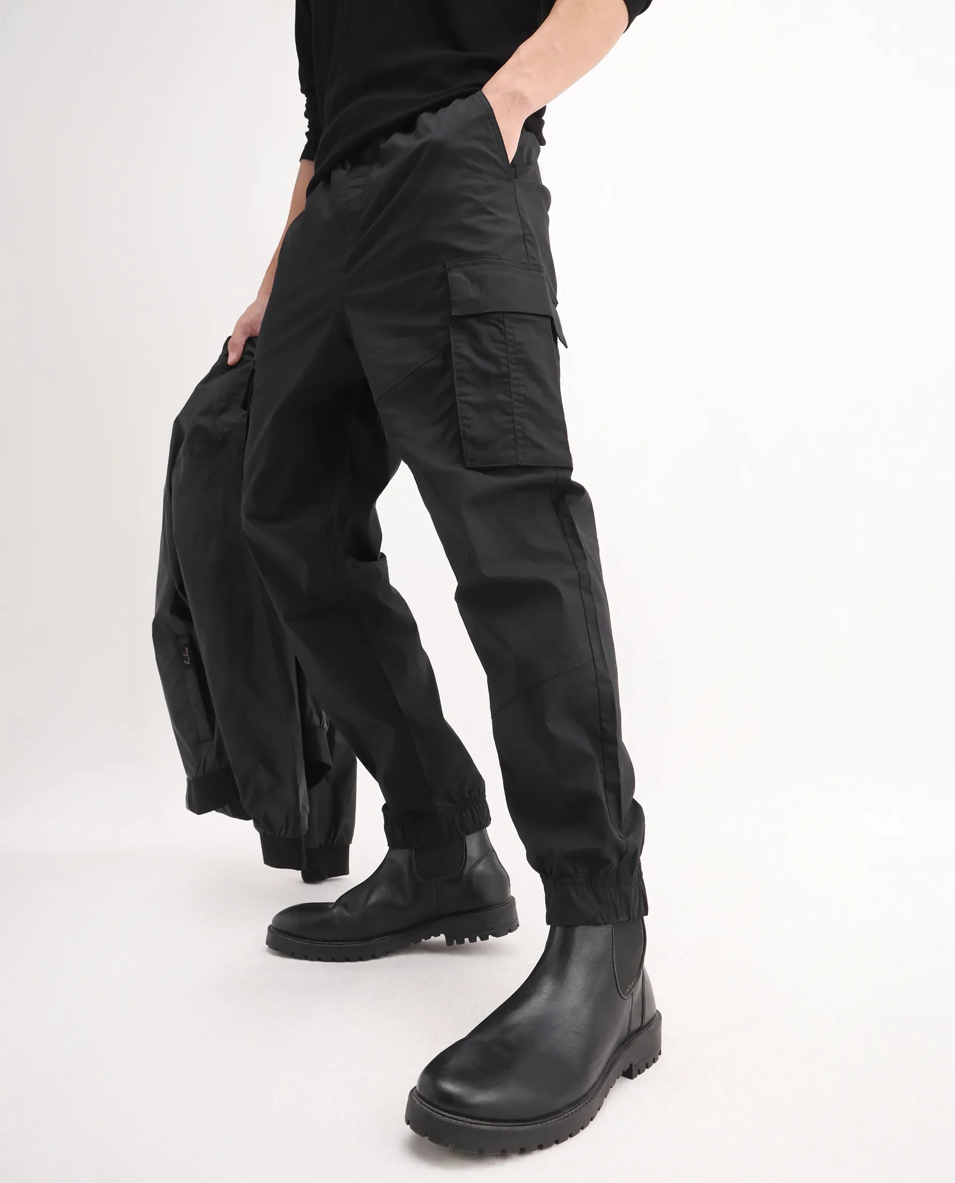 Rare Rabbit Men's Korb Black Cotton Blend Plain Relaxed Fit Trouser - Image 3
