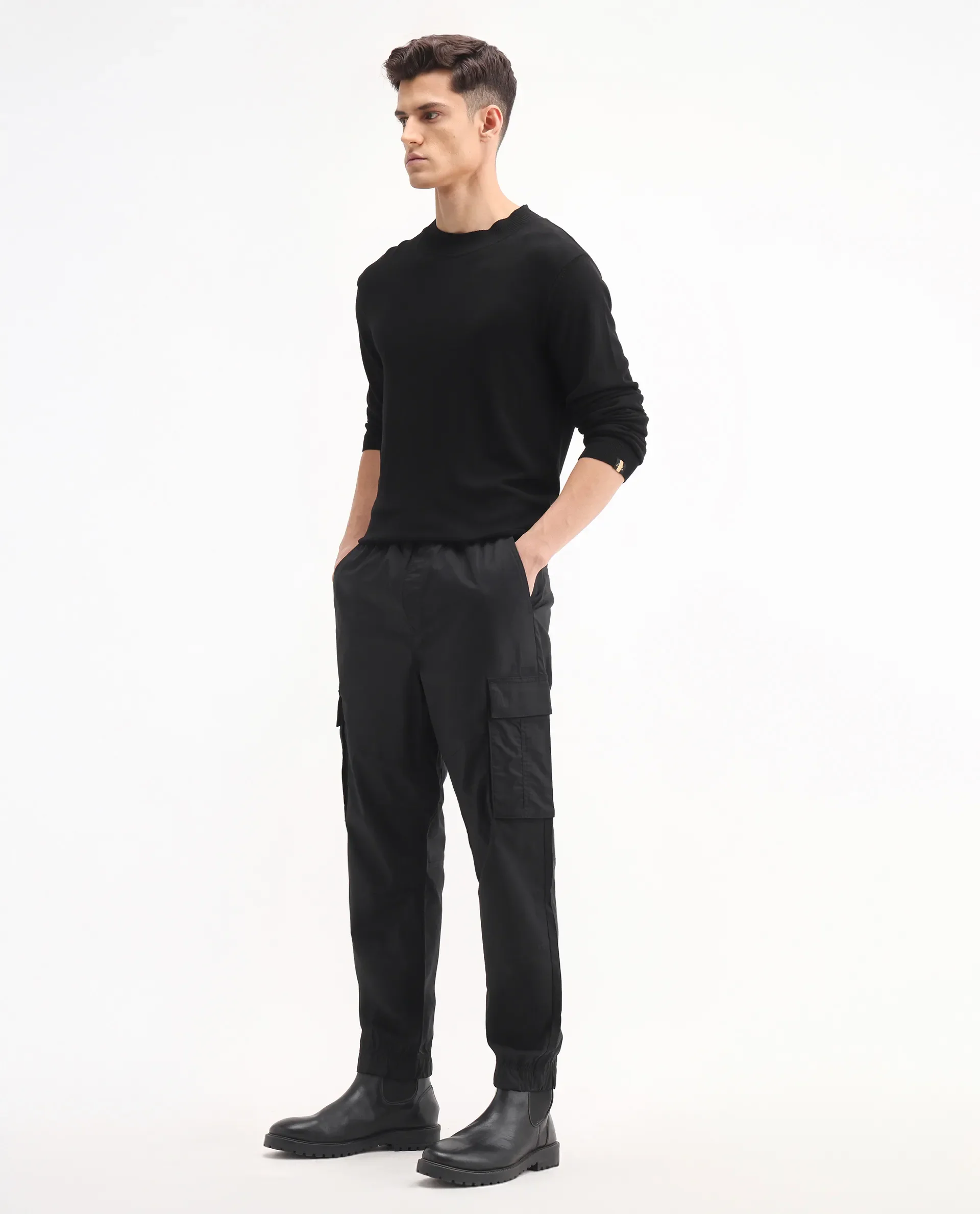 Rare Rabbit Men's Korb Black Cotton Blend Plain Relaxed Fit Trouser - Image 6