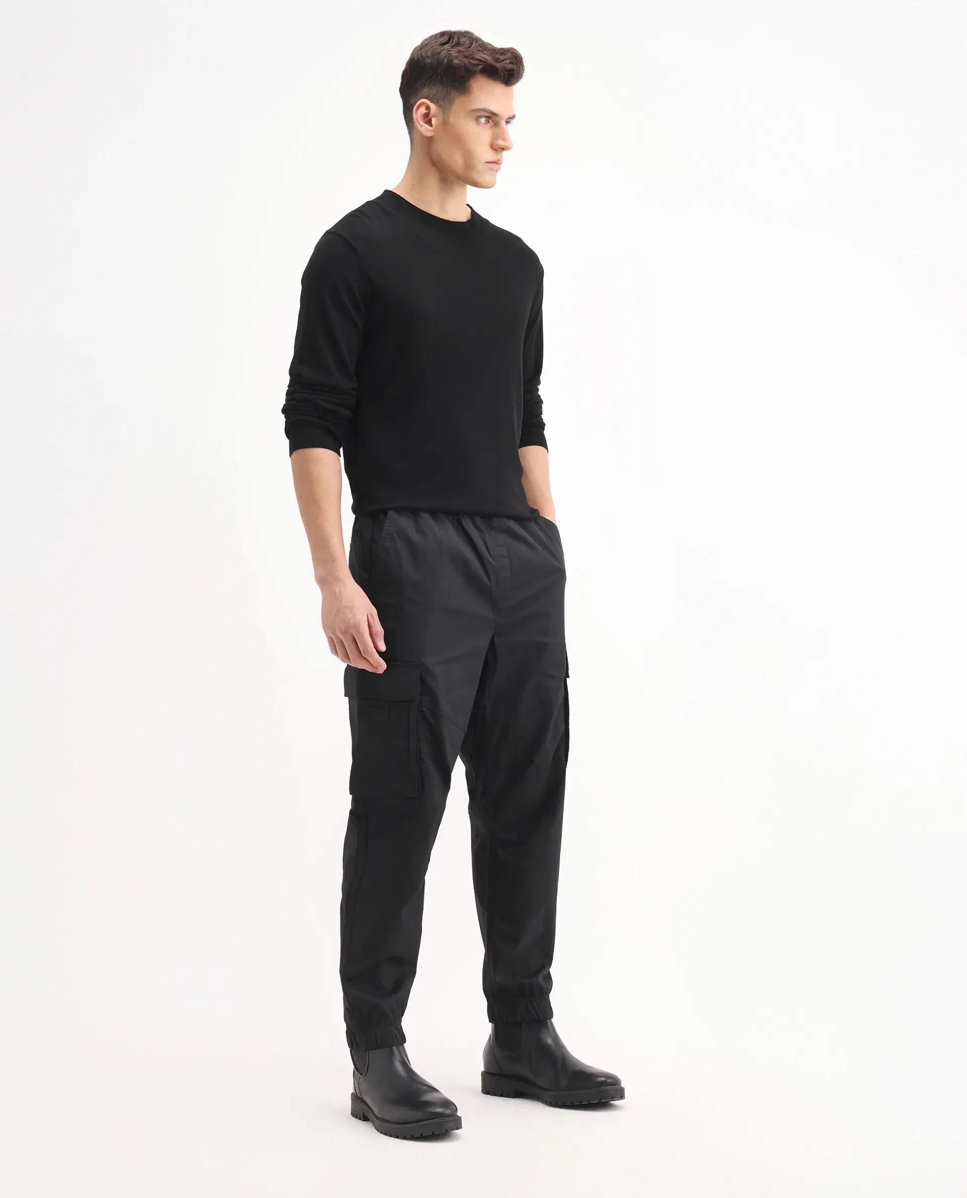 Rare Rabbit Men's Korb Black Cotton Blend Plain Relaxed Fit Trouser - Image 7