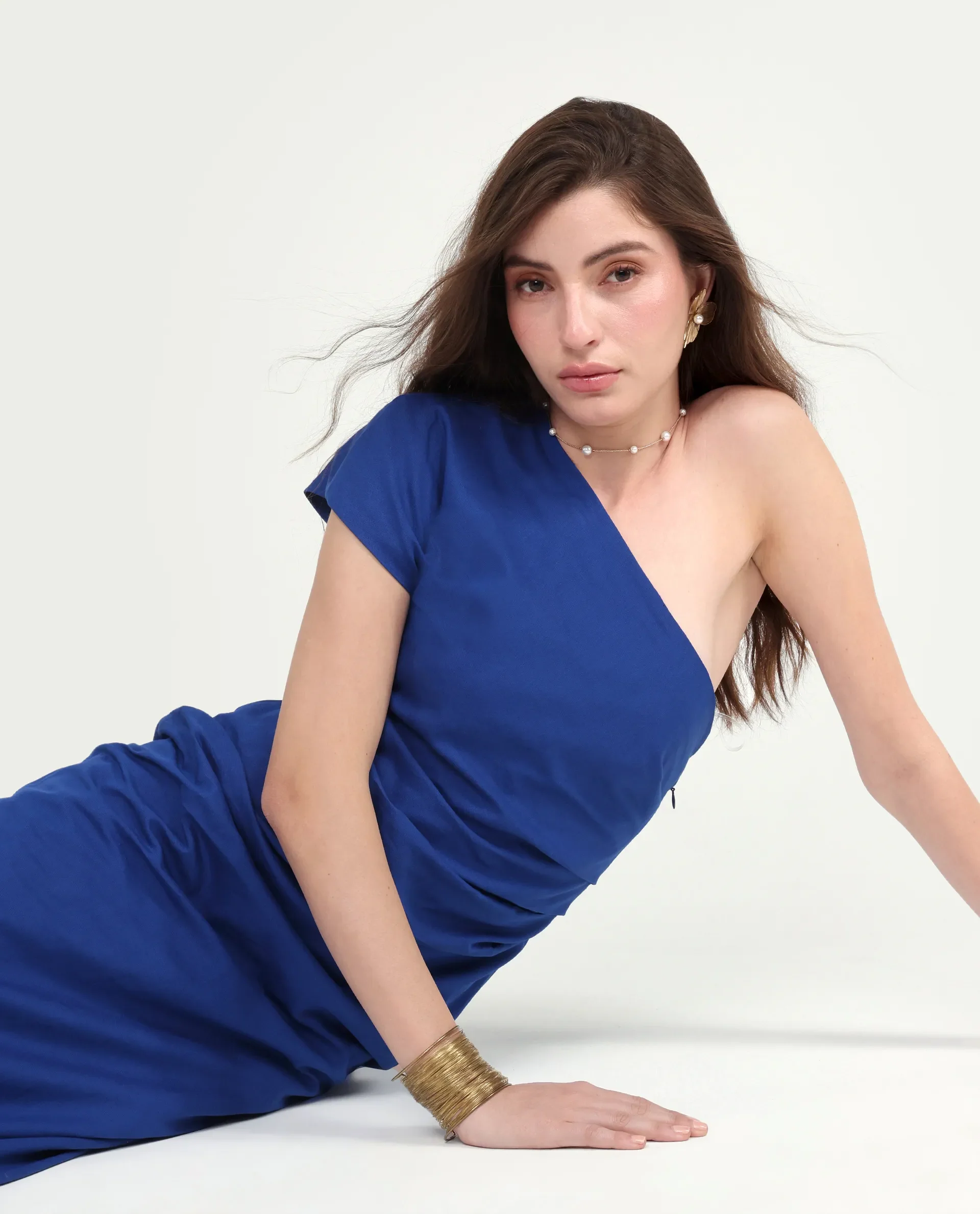 Rareism Women's Korea Dark Blue Linen One Shoulder Fitted Plain Dress - Image 2