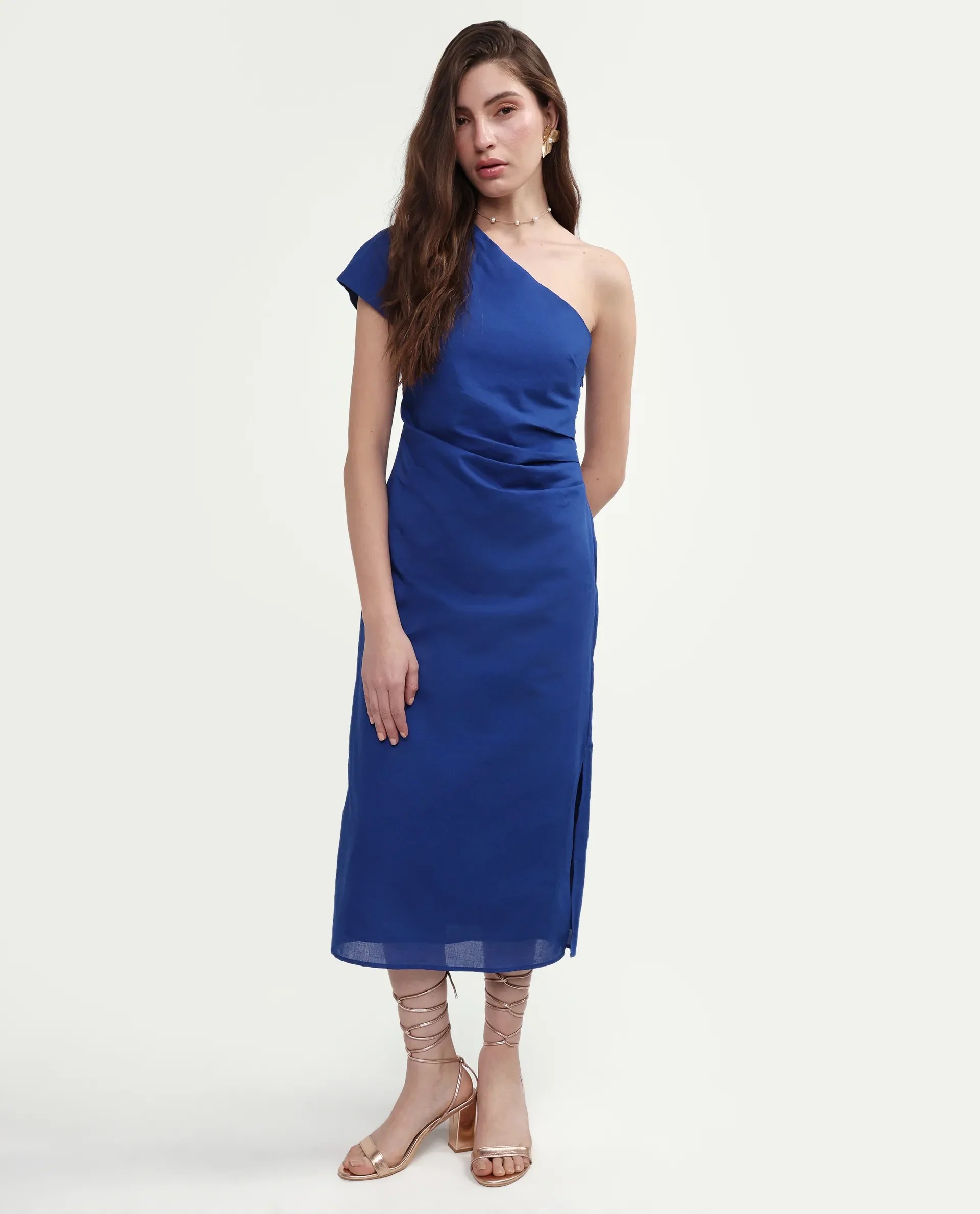 Rareism Women's Korea Dark Blue Linen One Shoulder Fitted Plain Dress - Image 3