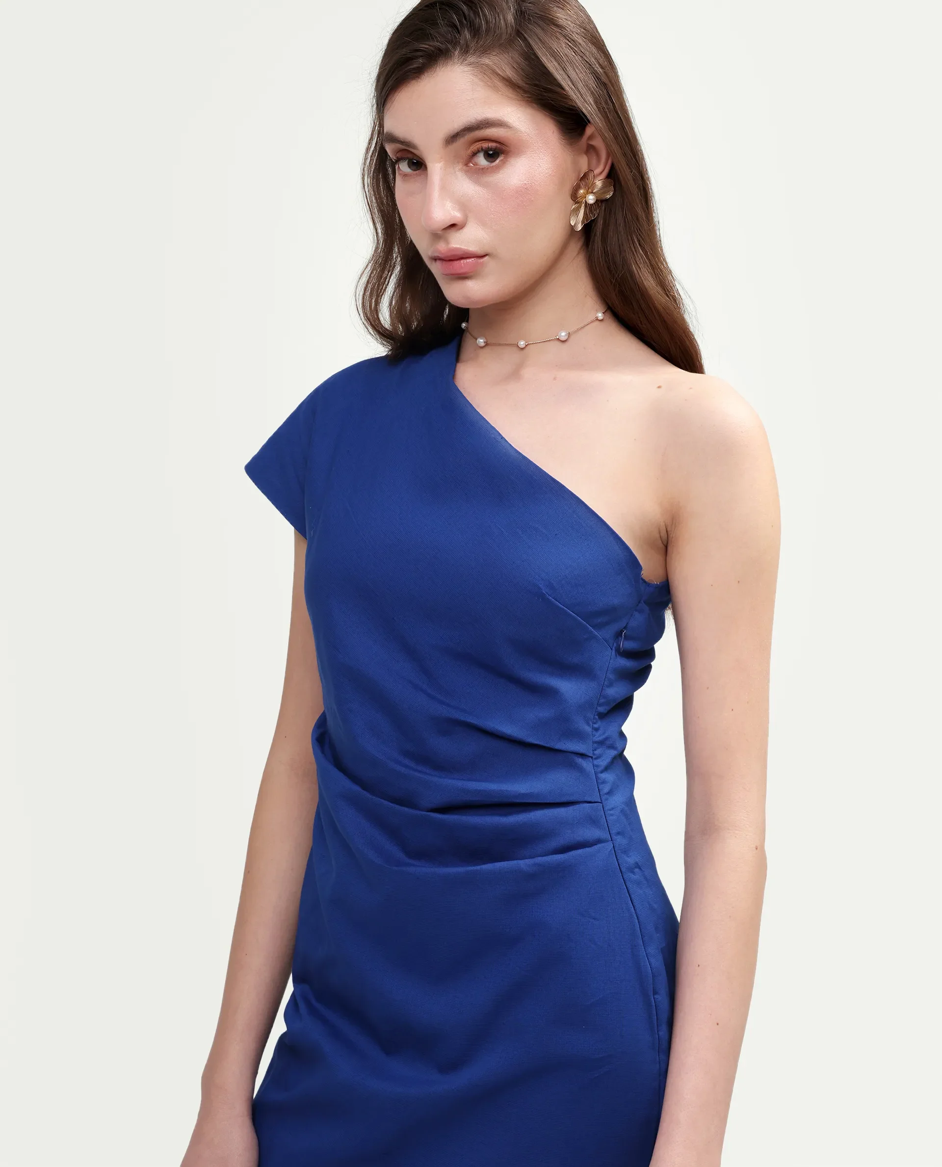 Rareism Women's Korea Dark Blue Linen One Shoulder Fitted Plain Dress - Image 4