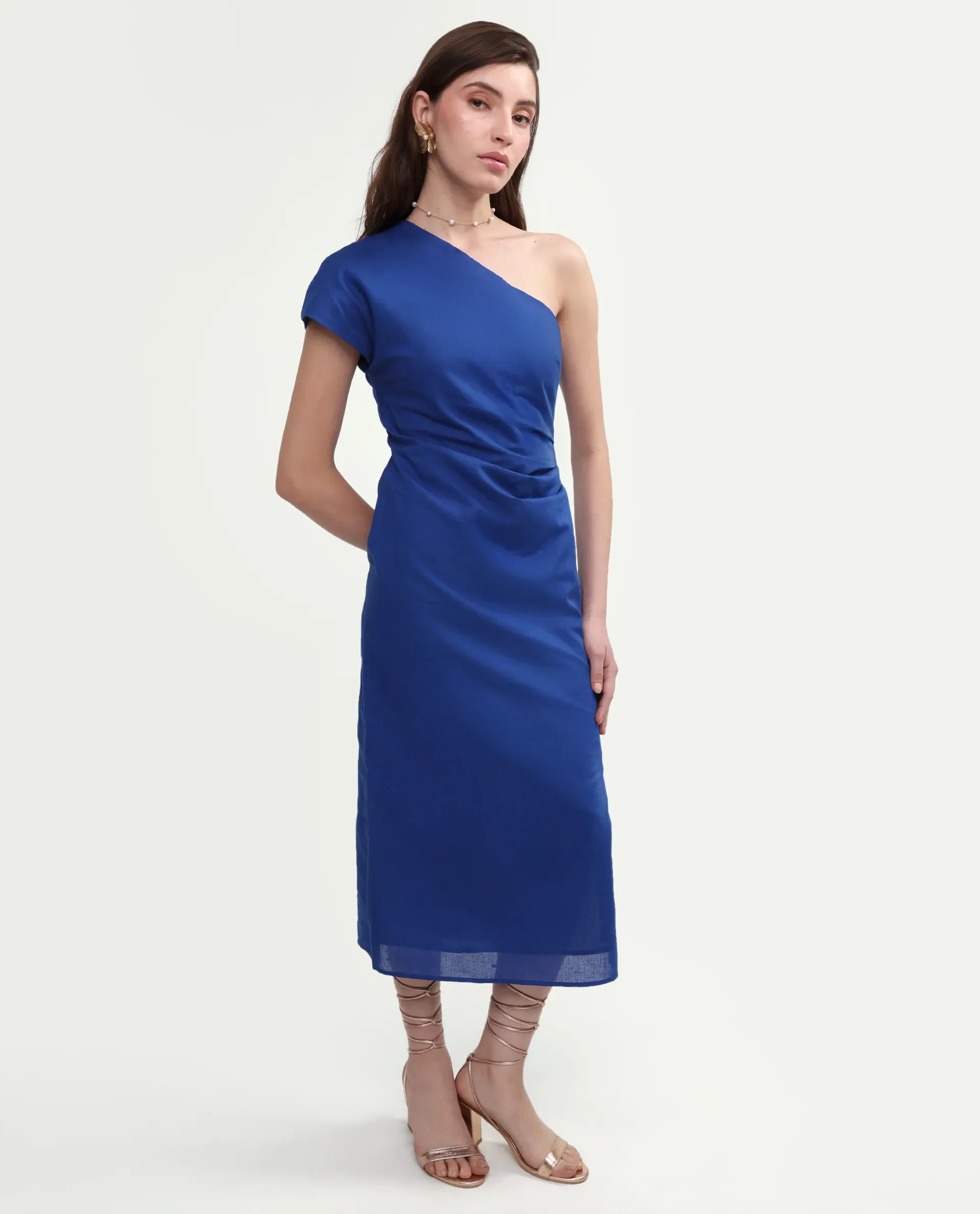 Rareism Women's Korea Dark Blue Linen One Shoulder Fitted Plain Dress - Image 5