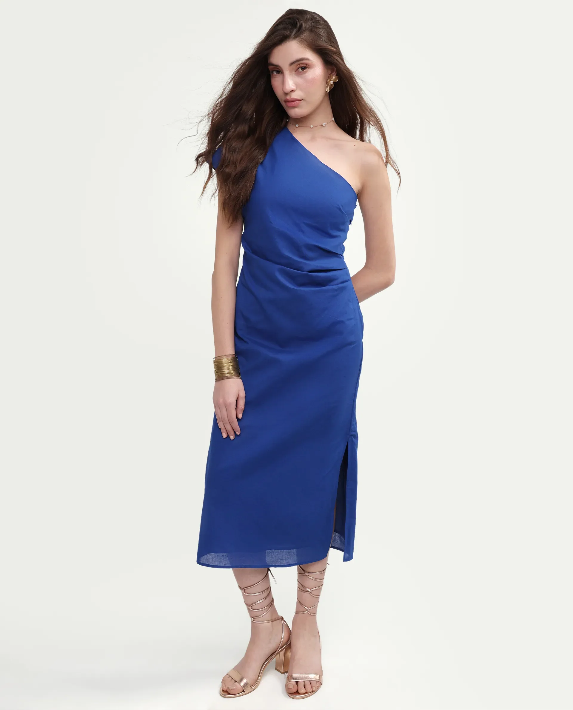Rareism Women's Korea Dark Blue Linen One Shoulder Fitted Plain Dress - Image 6