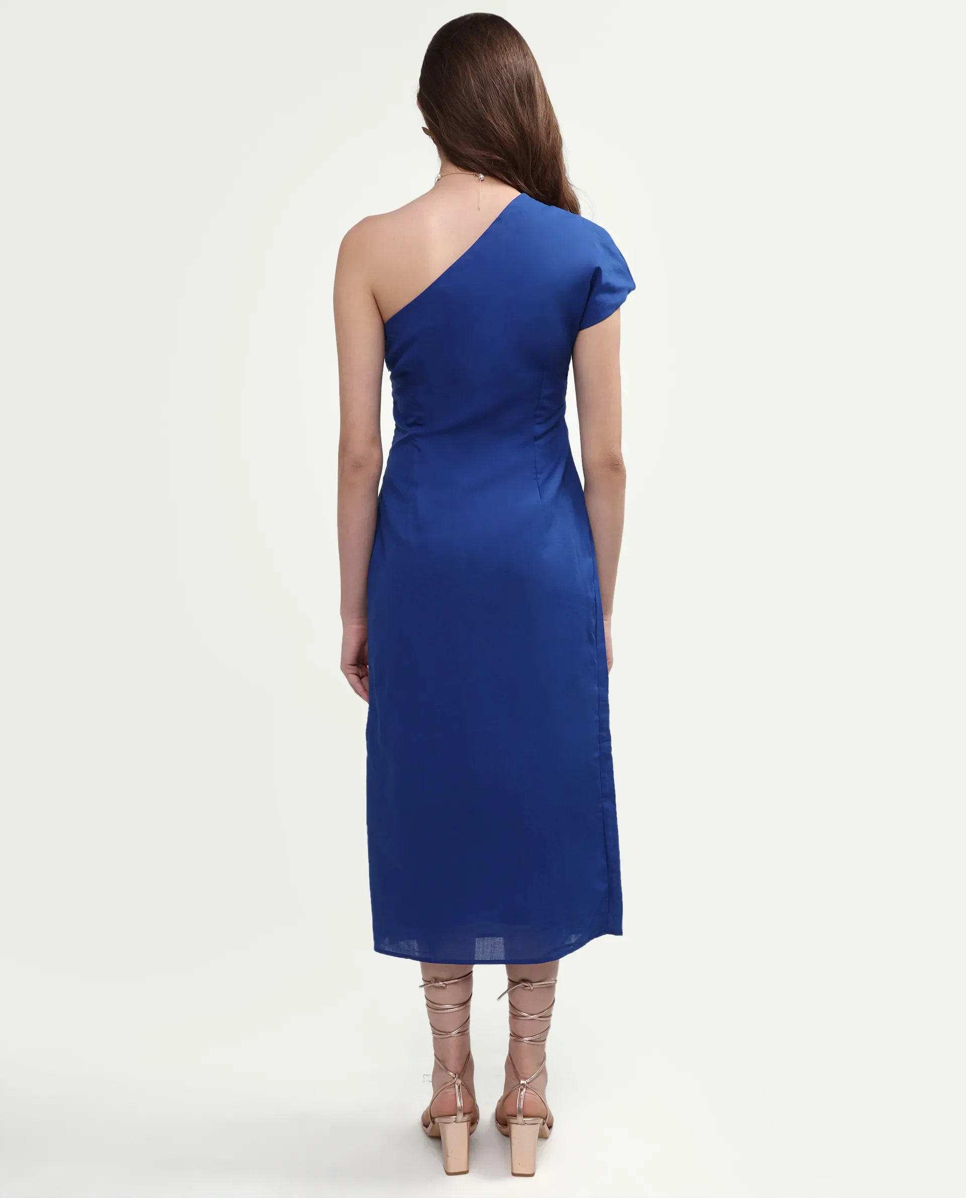 Rareism Women's Korea Dark Blue Linen One Shoulder Fitted Plain Dress - Image 7