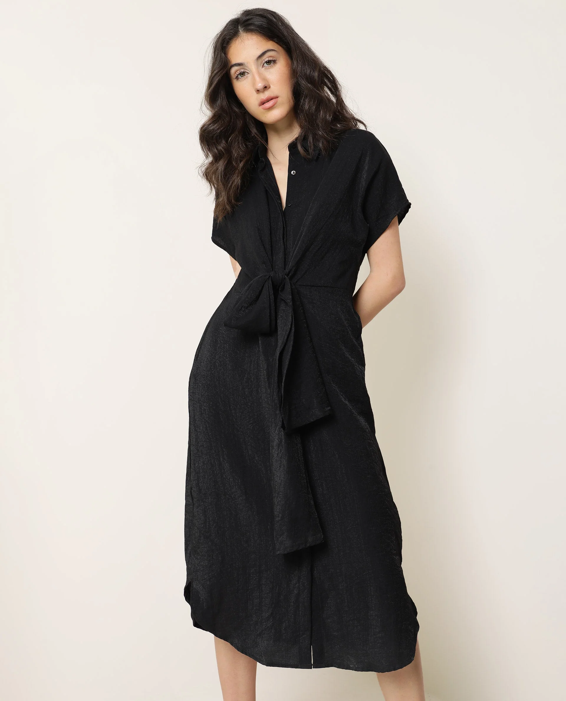 Rareism Women's Kori Black Spread Collar Plain Knee Length Regular Fit Dress