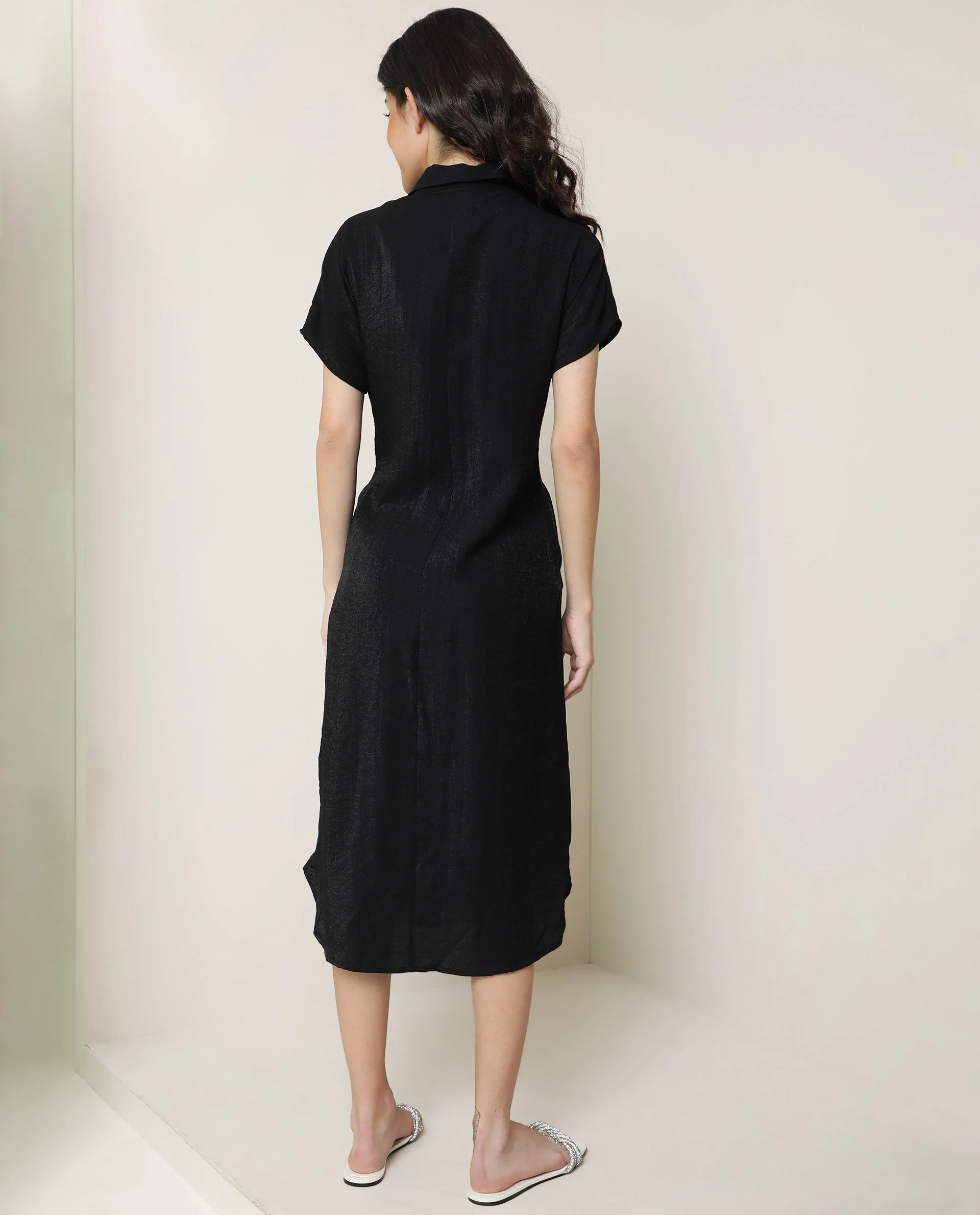 Rareism Women's Kori Black Spread Collar Plain Knee Length Regular Fit Dress - Image 3