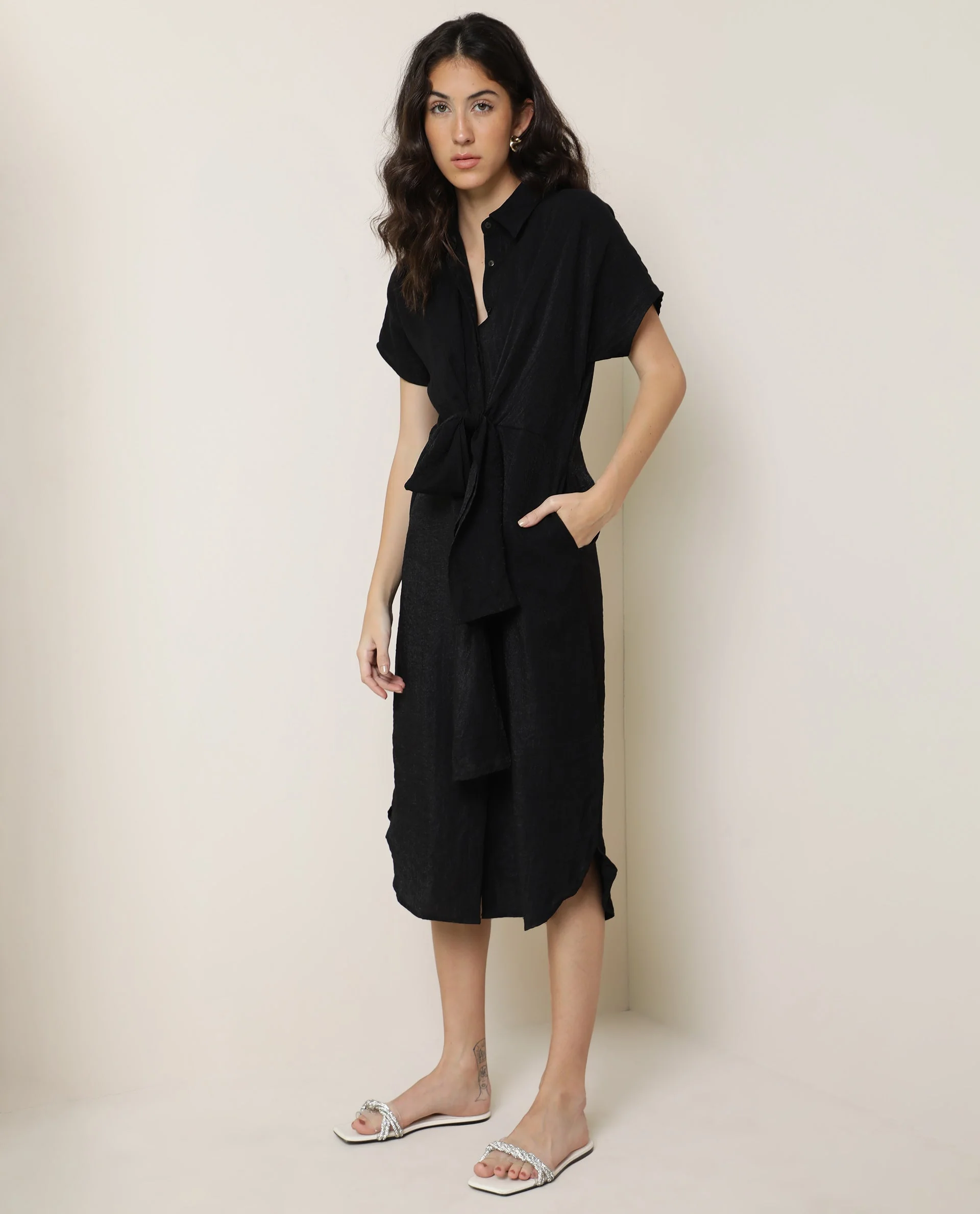 Rareism Women's Kori Black Spread Collar Plain Knee Length Regular Fit Dress - Image 4