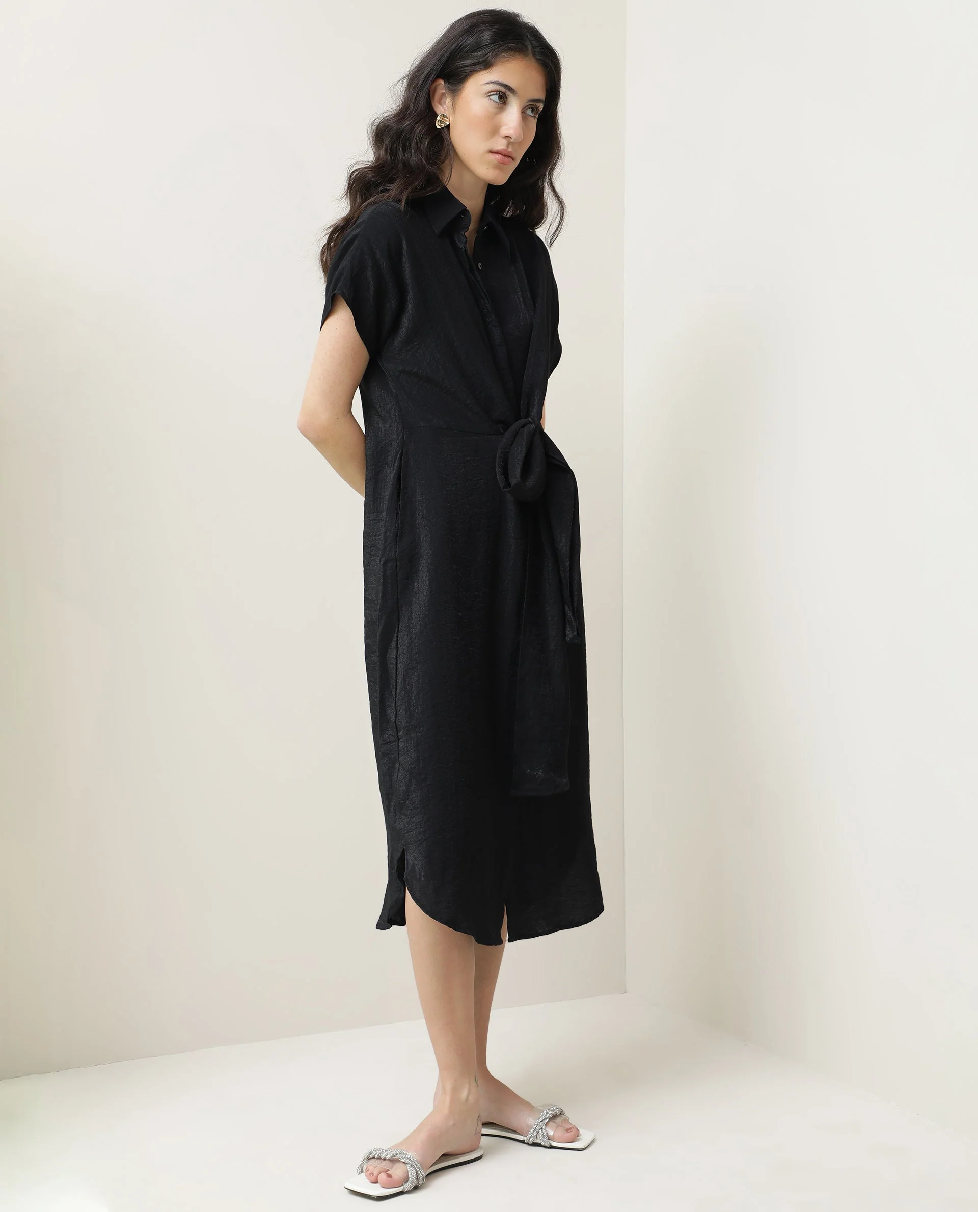 Rareism Women's Kori Black Spread Collar Plain Knee Length Regular Fit Dress - Image 5