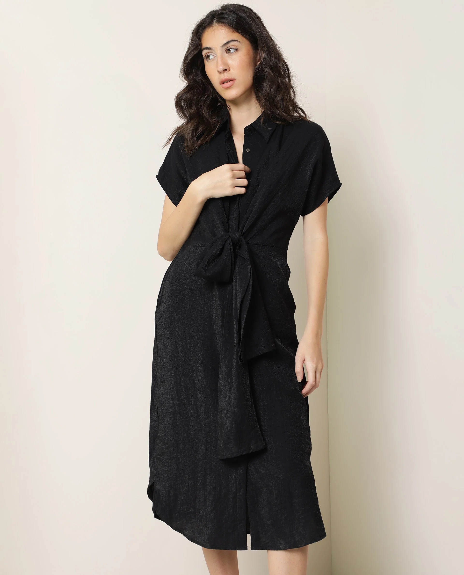 Rareism Women's Kori Black Spread Collar Plain Knee Length Regular Fit Dress - Image 6