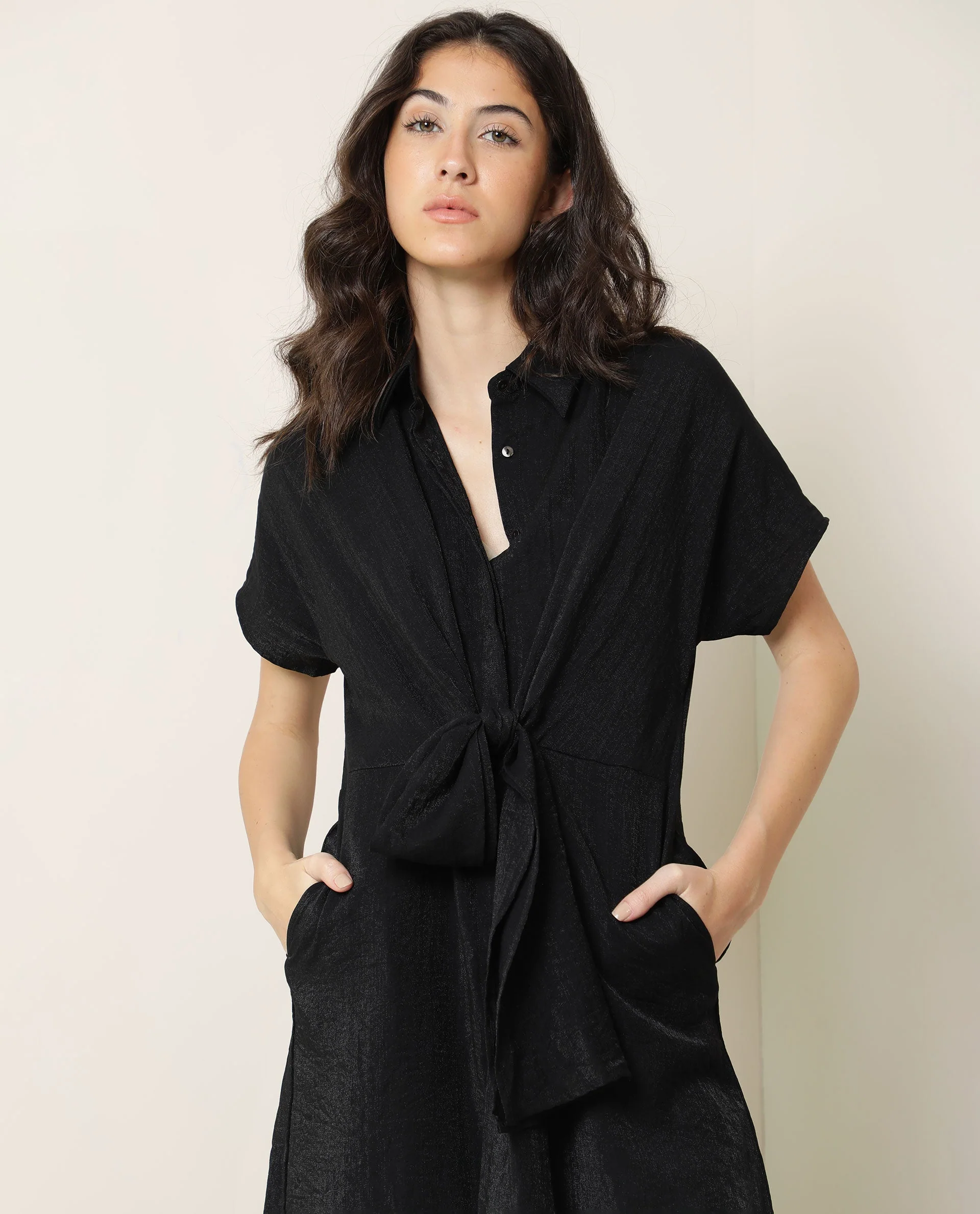 Rareism Women's Kori Black Spread Collar Plain Knee Length Regular Fit Dress - Image 7