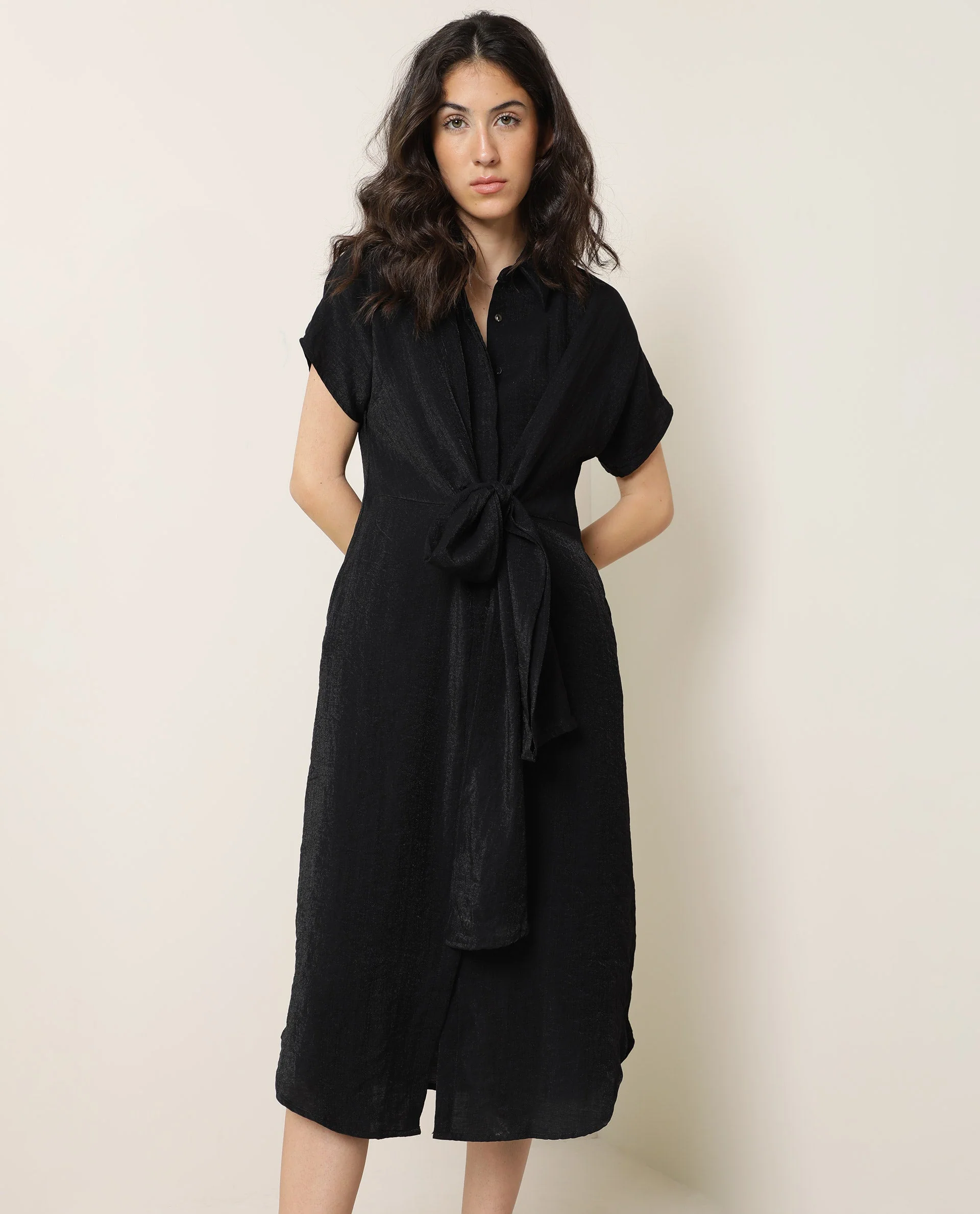 Rareism Women's Kori Black Spread Collar Plain Knee Length Regular Fit Dress - Image 8